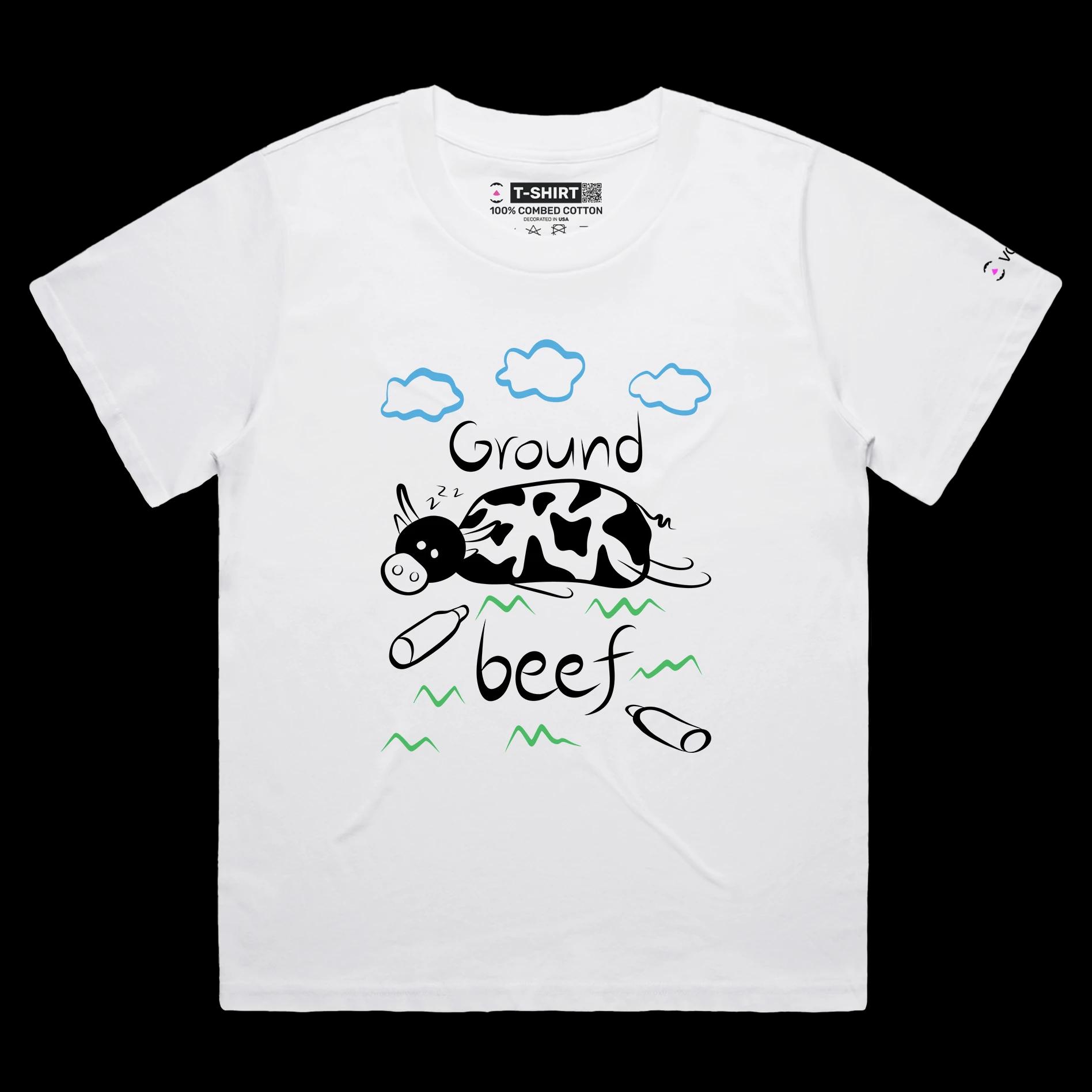 VOICEART White Female Loose Cow Ground Beef Funny Animals T-Shirt with Premium Quality Graphic Livestock Farm Wordplay Tee