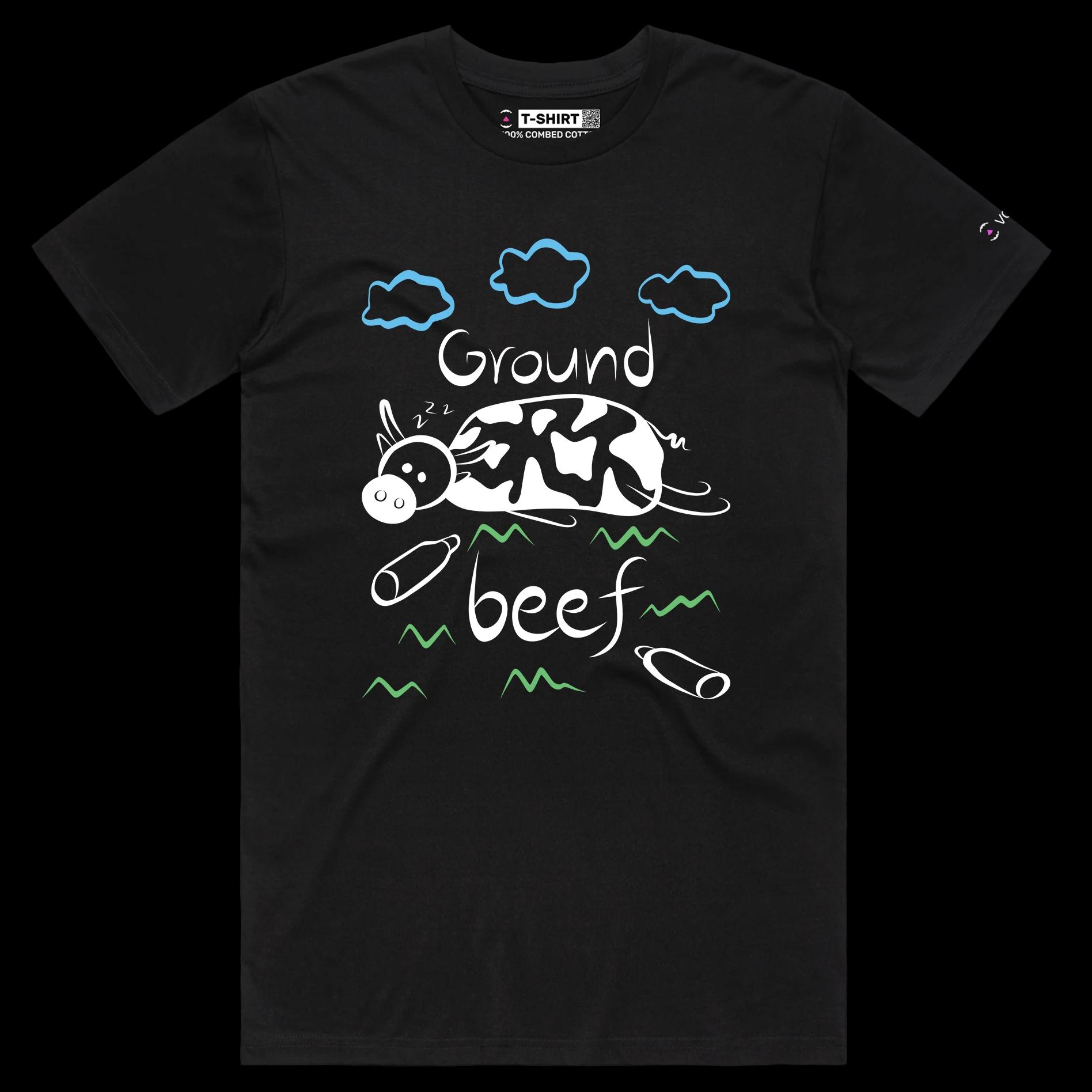 VOICEART Black Male Regular Cow Ground Beef Funny Animals T-Shirt with Premium Quality Graphic Livestock Farm Wordplay Tee