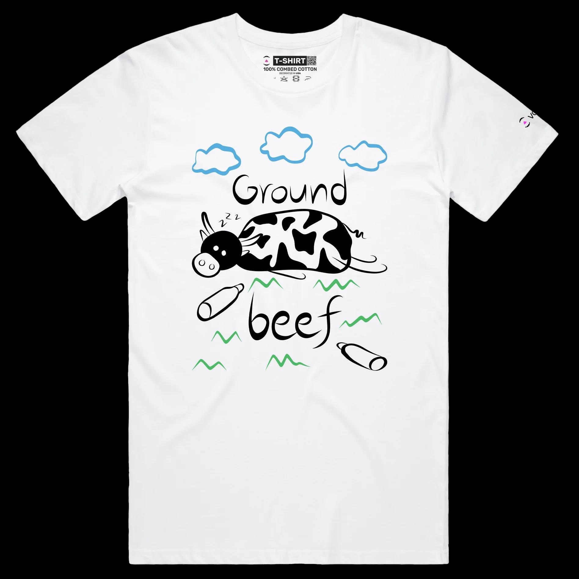 VOICEART White Male Regular Cow Ground Beef Funny Animals T-Shirt with Premium Quality Graphic Livestock Farm Wordplay Tee