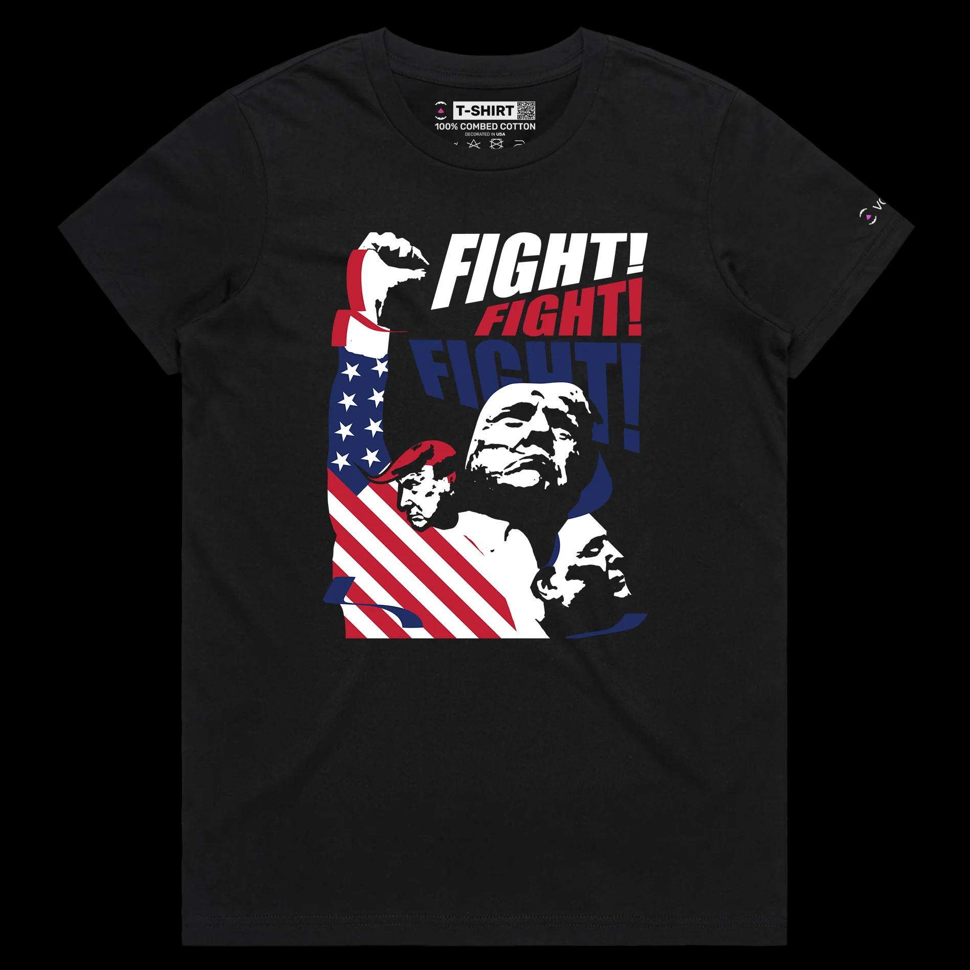 VOICEART Black Female Regular President Trump Fight Shirt Premium Design American Flag and Patriotic Fist Pump MAGA Tee