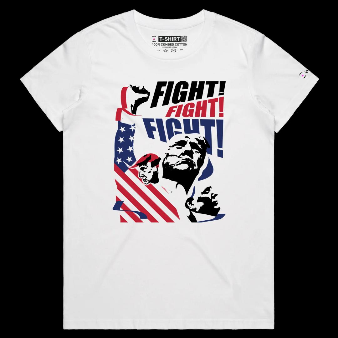 VOICEART White Female Regular President Trump Fight Shirt Premium Design American Flag and Patriotic Fist Pump MAGA Tee