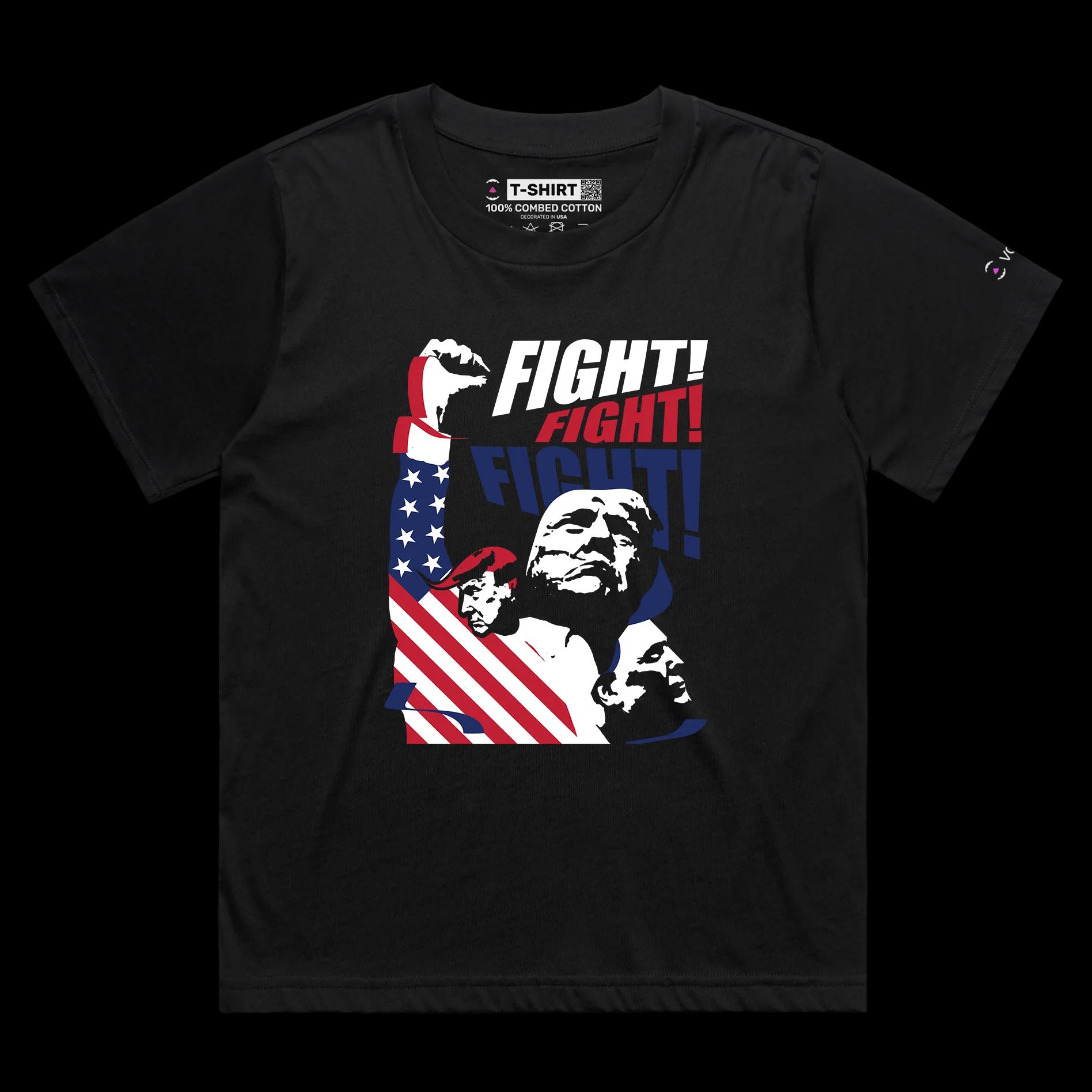 VOICEART Black Female Loose President Trump Fight Shirt Premium Design American Flag and Patriotic Fist Pump MAGA Tee