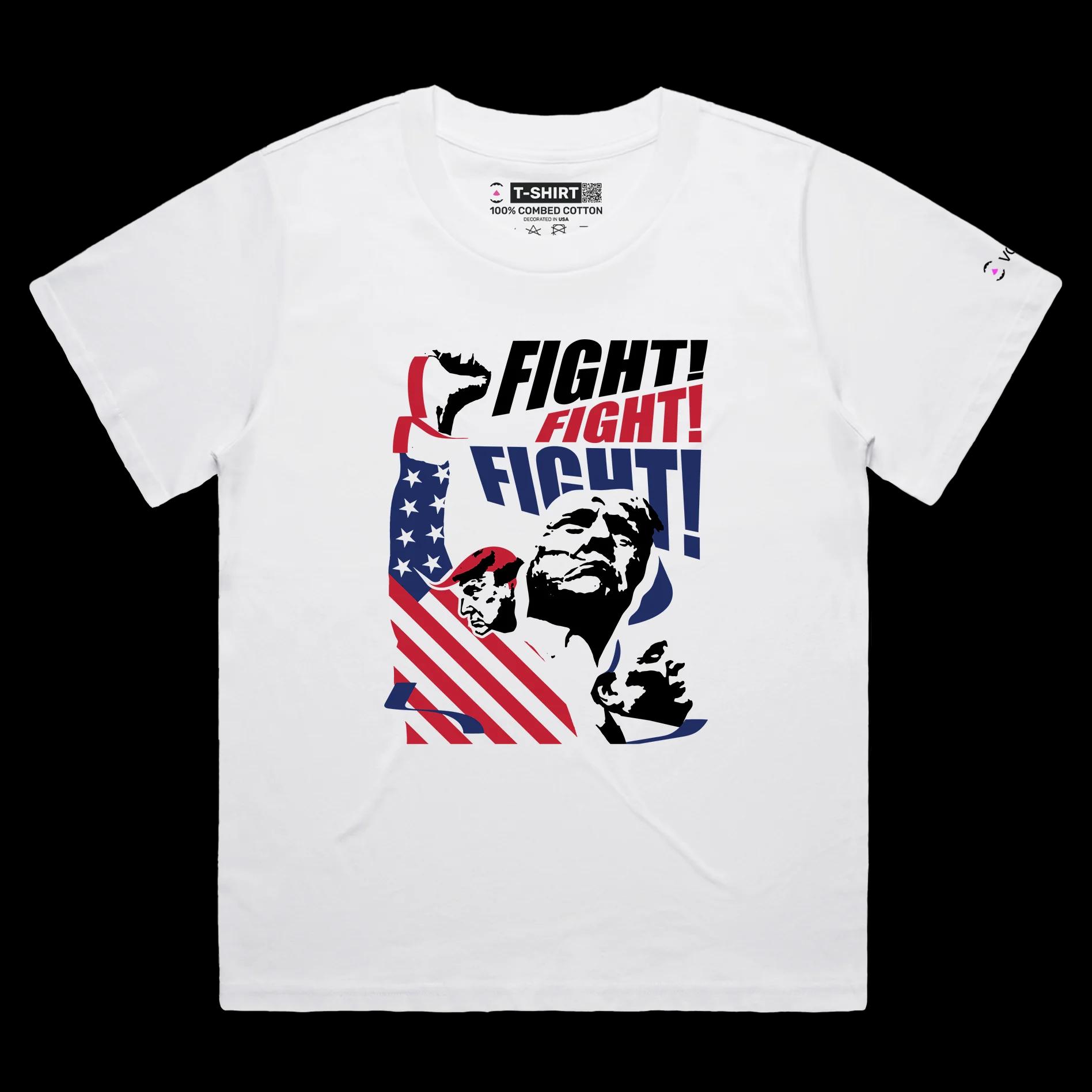 VOICEART White Female Loose President Trump Fight Shirt Premium Design American Flag and Patriotic Fist Pump MAGA Tee
