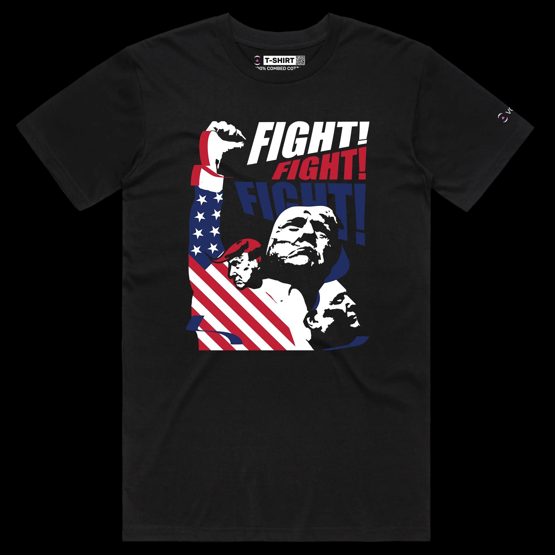 VOICEART Black Male Regular President Trump Fight Shirt Premium Design American Flag and Patriotic Fist Pump MAGA Tee