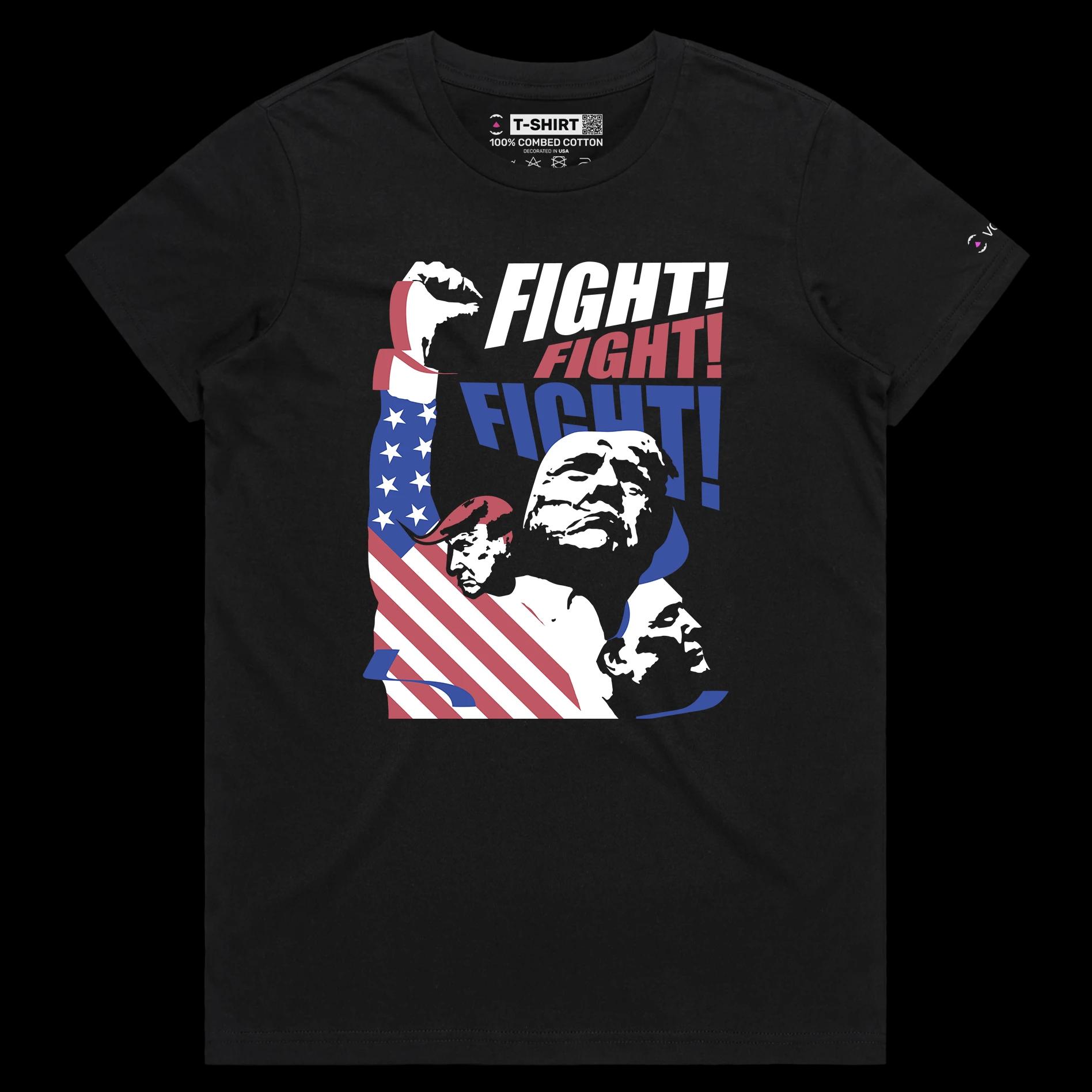 VOICEART Black Female Regular President Trump Fight Shirt Premium Design American Flag and Patriotic Fist Pump MAGA Tee