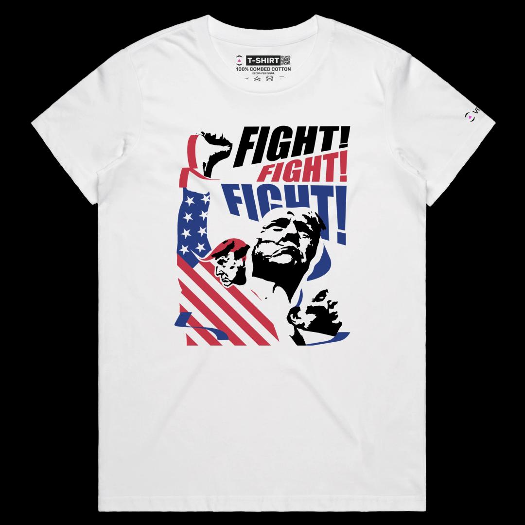 VOICEART White Female Regular President Trump Fight Shirt Premium Design American Flag and Patriotic Fist Pump MAGA Tee