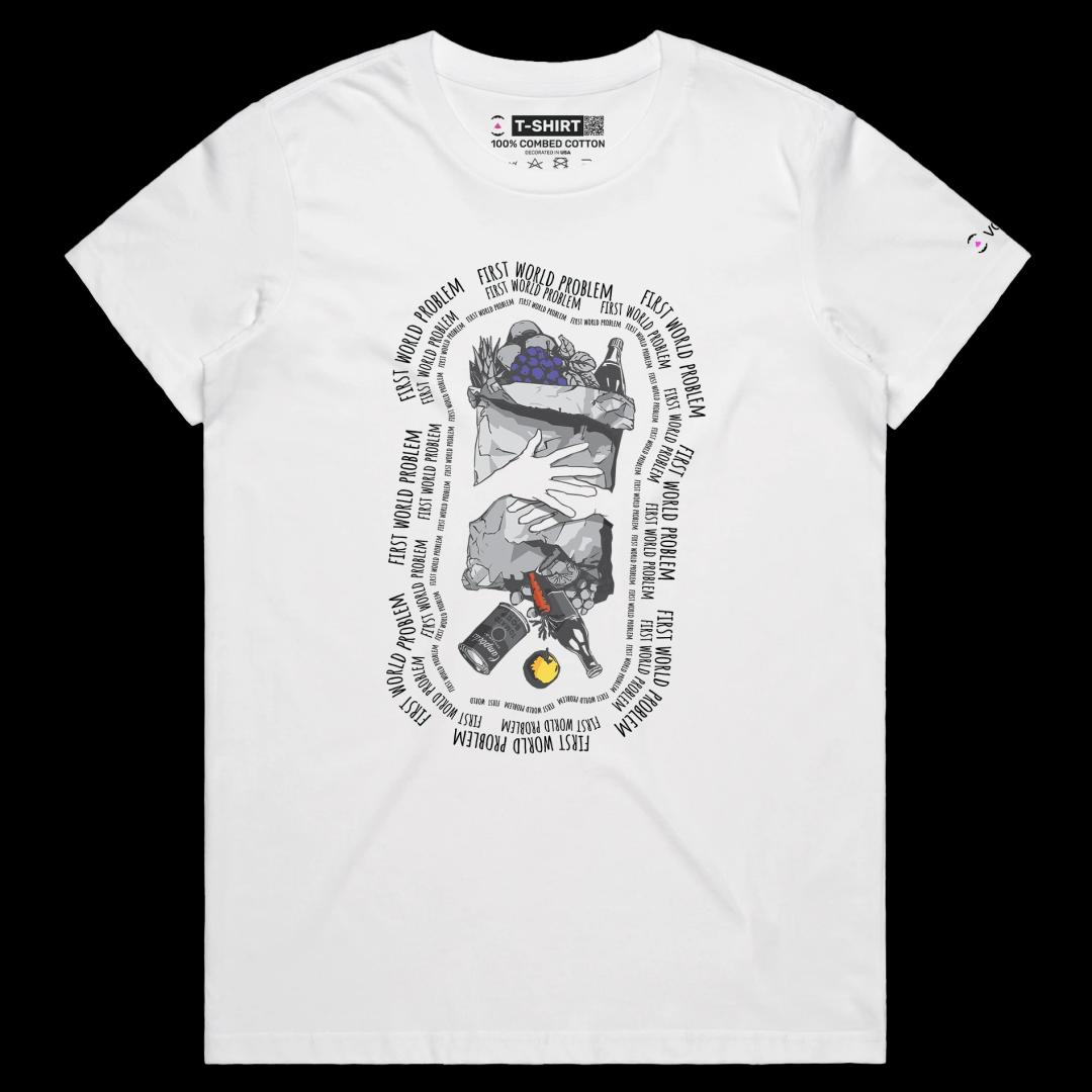 VOICEART White Female Regular Spilled Groceries Food tshirt Premium Graphic Serious Social Issues First World Problems