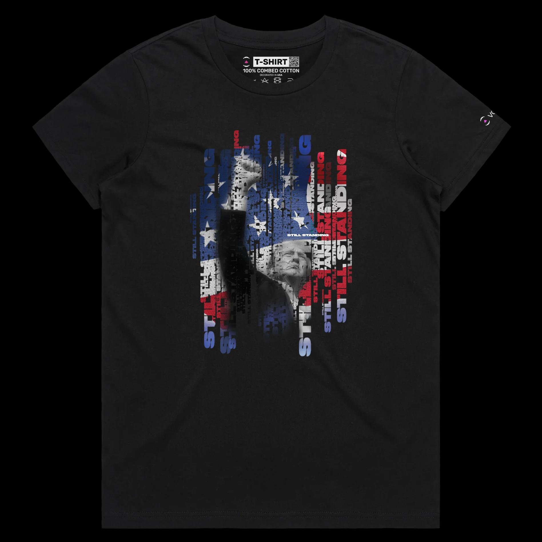 VOICEART Black Female Regular President Trump Standing Strong Political Shirt Premium American Flag and Fist Pump MAGA Tee