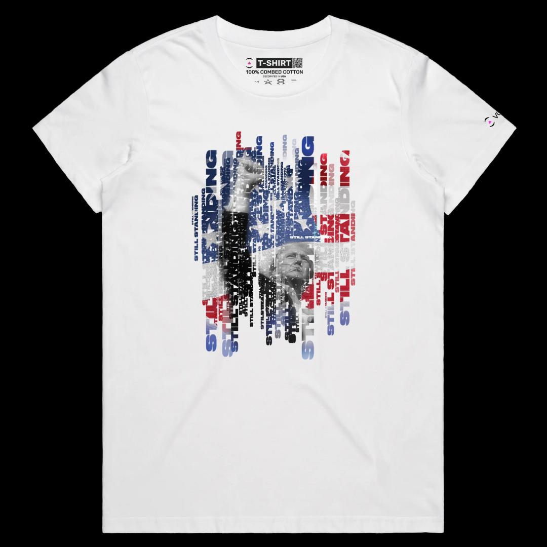 VOICEART White Female Regular President Trump Standing Strong Political Shirt Premium American Flag and Fist Pump MAGA Tee