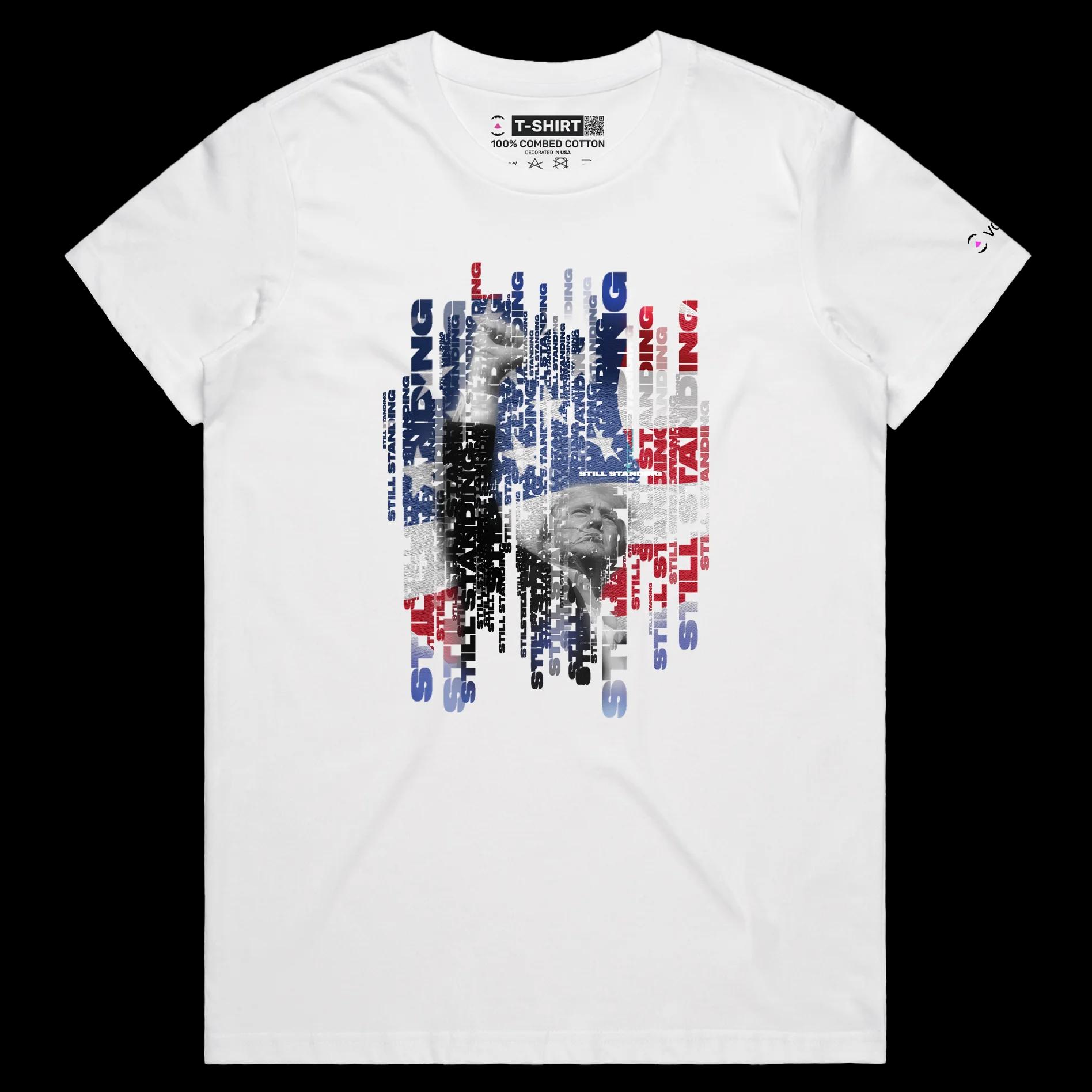 VOICEART White Female Regular President Trump Standing Strong Political Shirt Premium American Flag and Fist Pump MAGA Tee