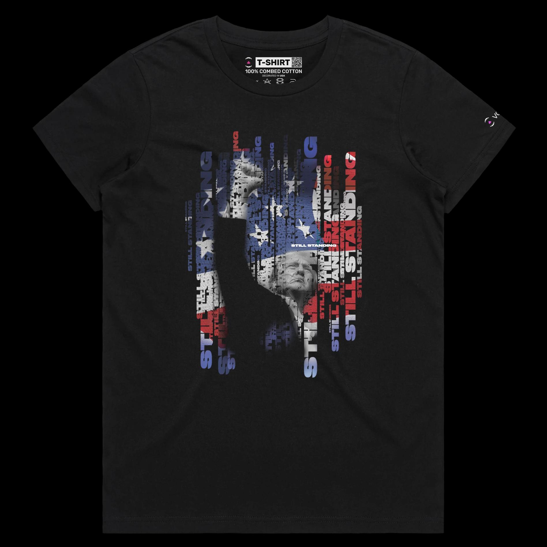 VOICEART Black Female Regular President Trump Standing Strong Political Shirt Premium American Flag and Fist Pump MAGA Tee