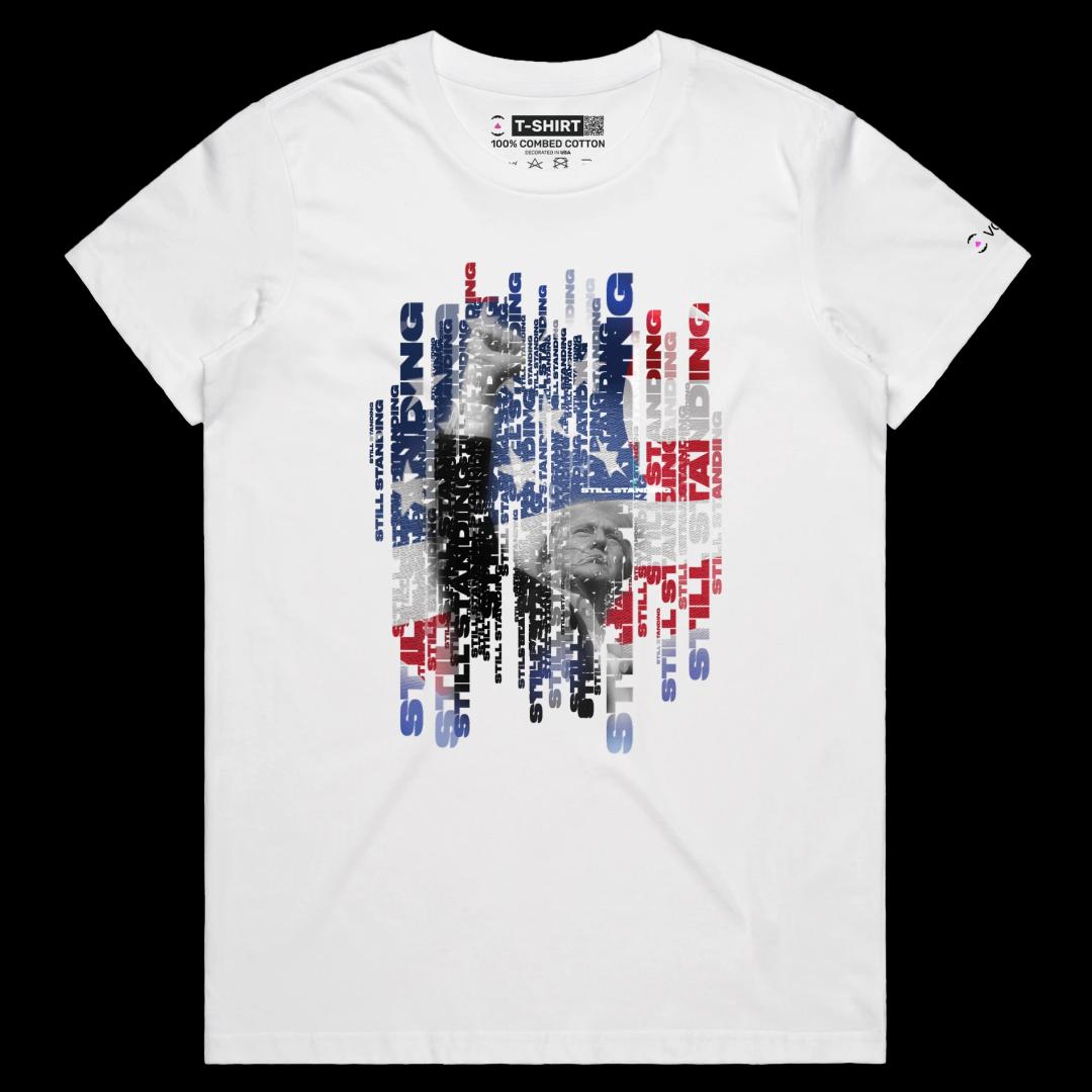 VOICEART White Female Regular President Trump Standing Strong Political Shirt Premium American Flag and Fist Pump MAGA Tee