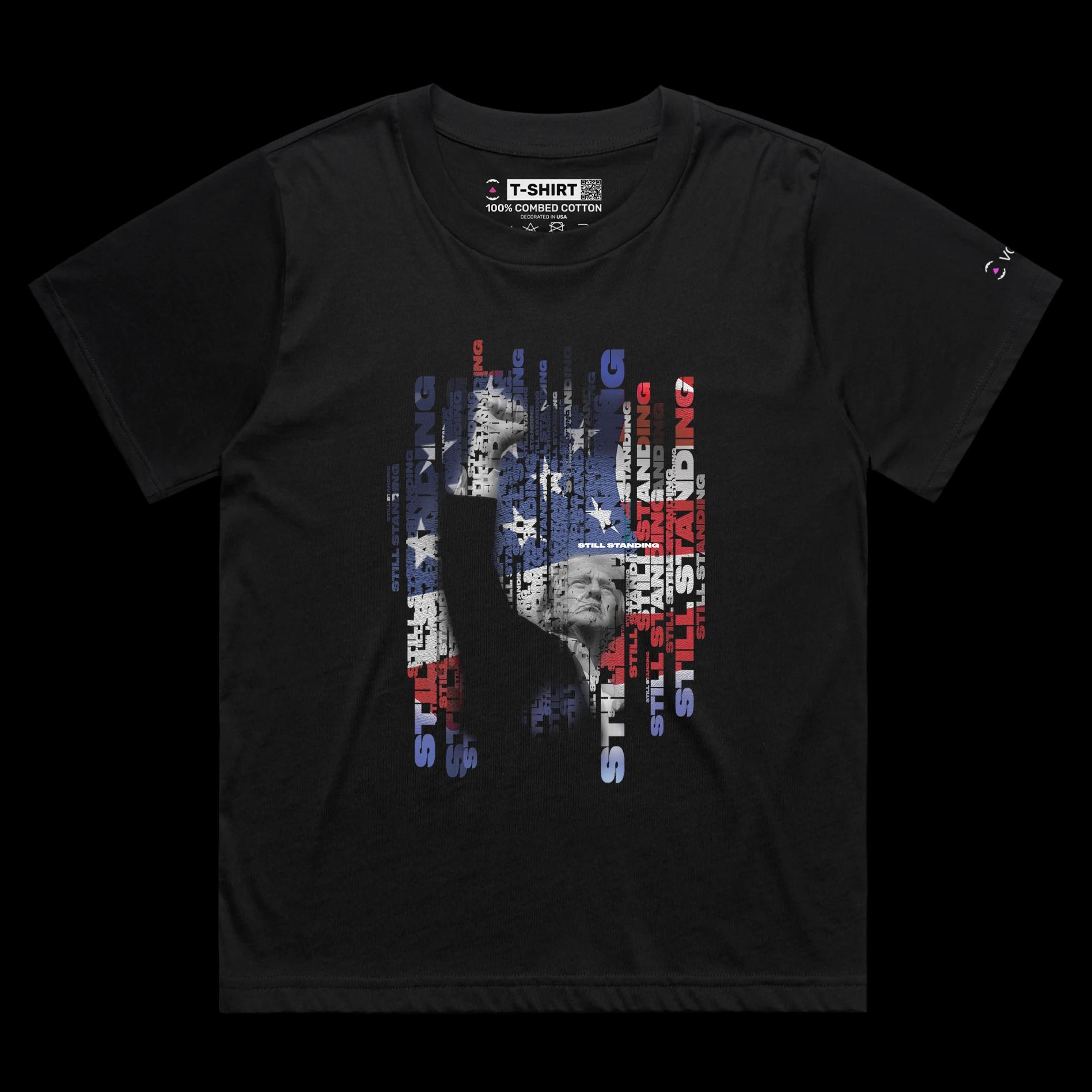 VOICEART Black Female Loose President Trump Standing Strong Political Shirt Premium American Flag and Fist Pump MAGA Tee