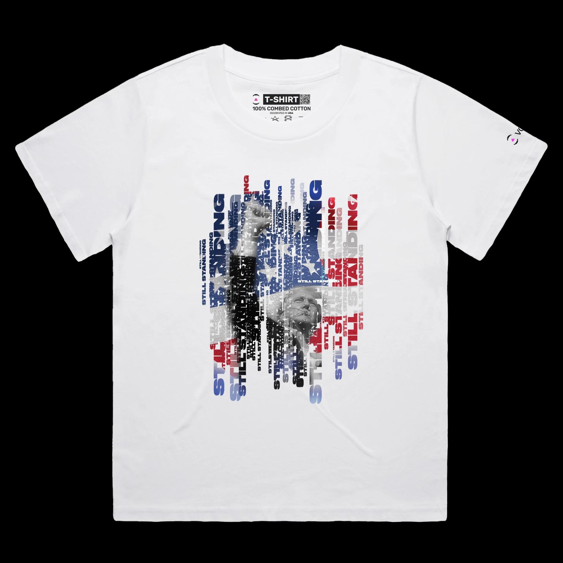 VOICEART White Female Loose President Trump Standing Strong Political Shirt Premium American Flag and Fist Pump MAGA Tee