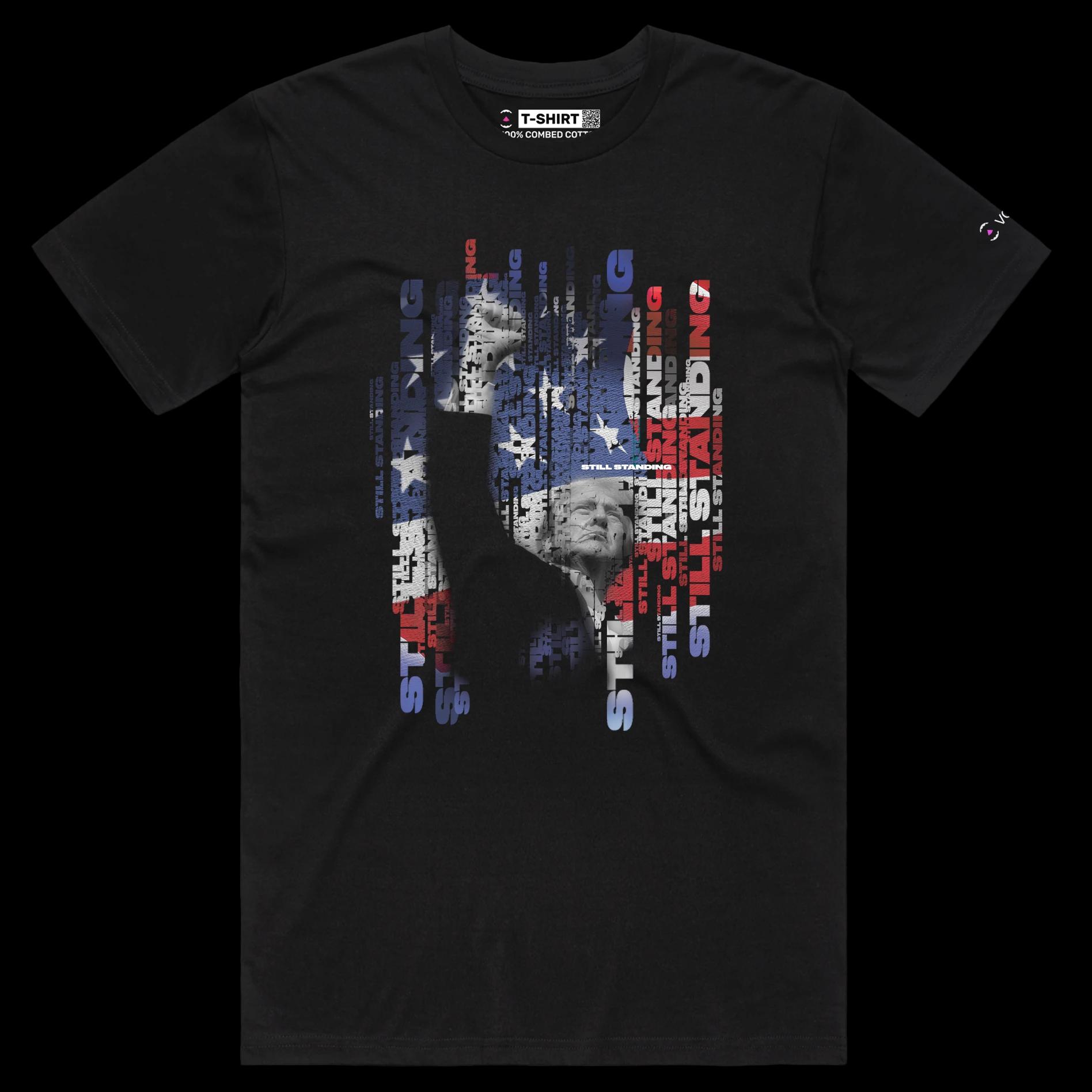 VOICEART Black Male Regular President Trump Standing Strong Political Shirt Premium American Flag and Fist Pump MAGA Tee