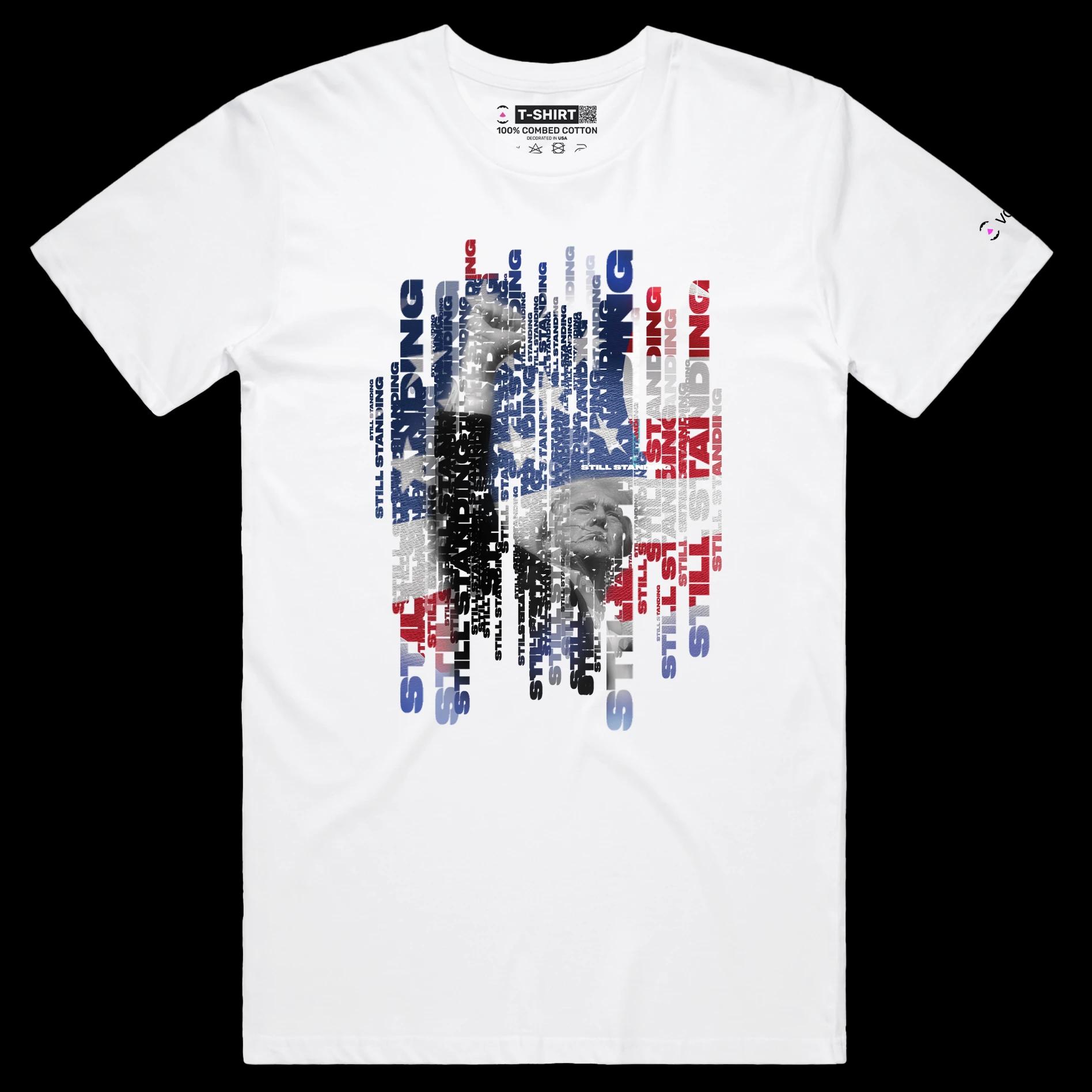 VOICEART White Male Regular President Trump Standing Strong Political Shirt Premium American Flag and Fist Pump MAGA Tee