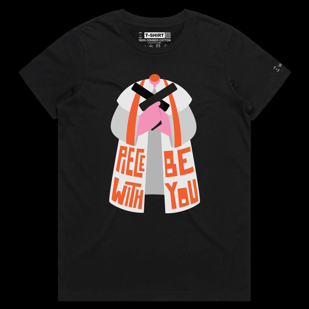 VOICEART Black Female Regular Clergy Guns Funny T-Shirt Premium Quality Graphic Dark Humor Religion Sland Tee with Wordplay