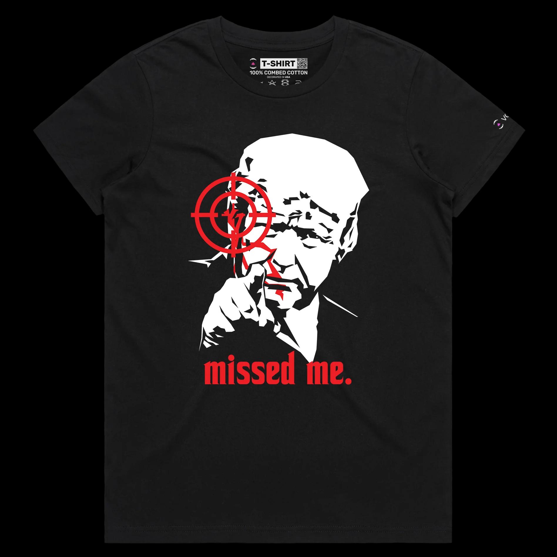 VOICEART Black Female Regular President Trump Missed Me Mugshot Political T-Shirt Premium Graphic Bad Aiming MAGA 2024 Tee