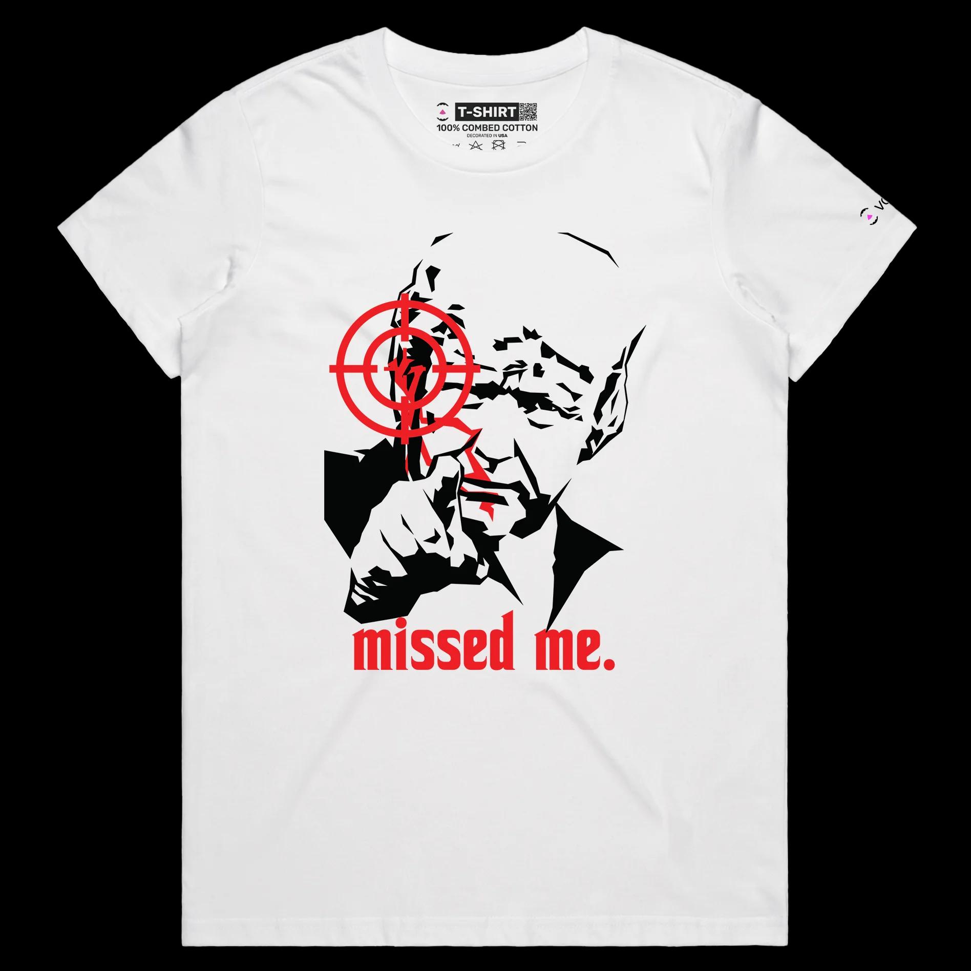 VOICEART White Female Regular President Trump Missed Me Mugshot Political T-Shirt Premium Graphic Bad Aiming MAGA 2024 Tee