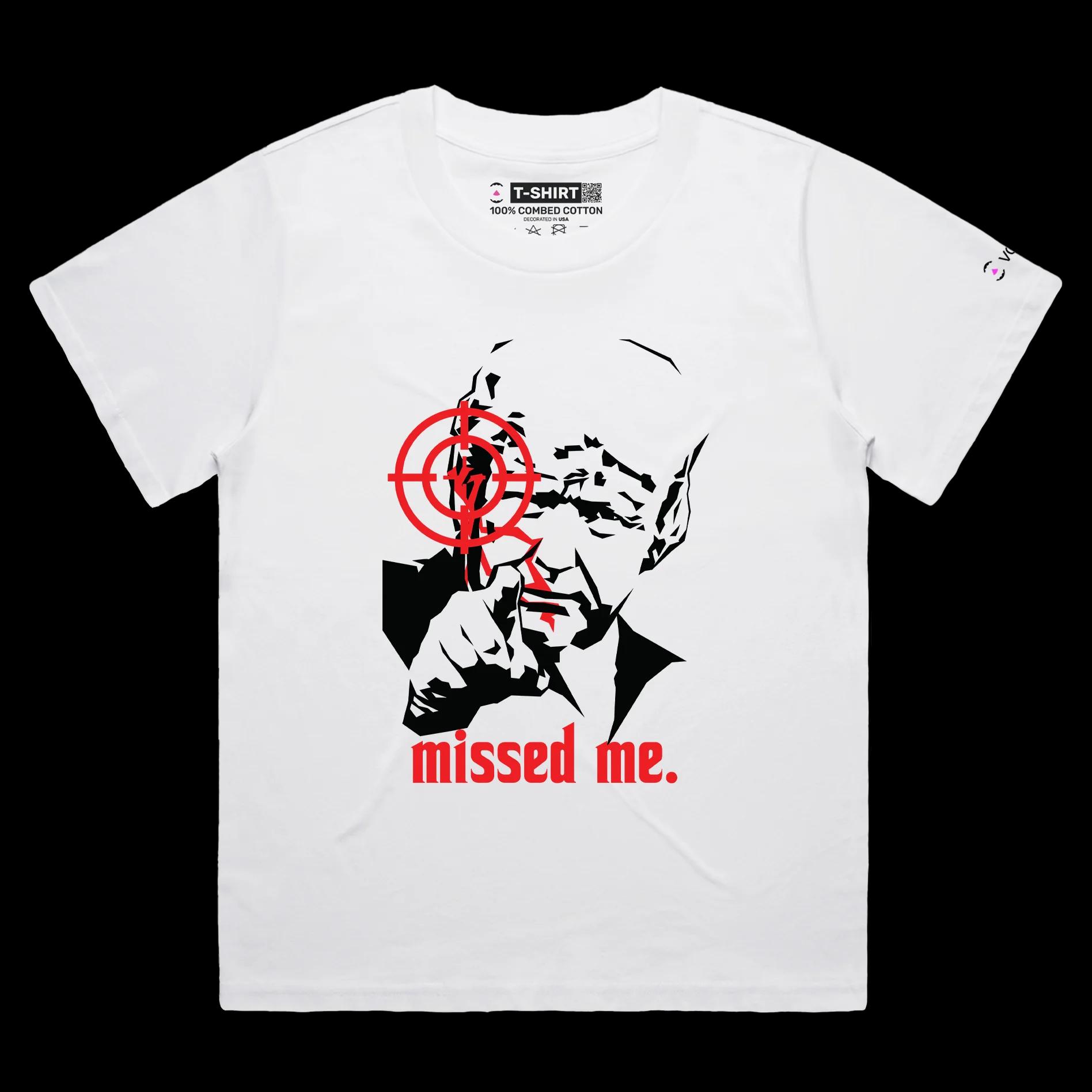 VOICEART White Female Loose President Trump Missed Me Mugshot Political T-Shirt Premium Graphic Bad Aiming MAGA 2024 Tee