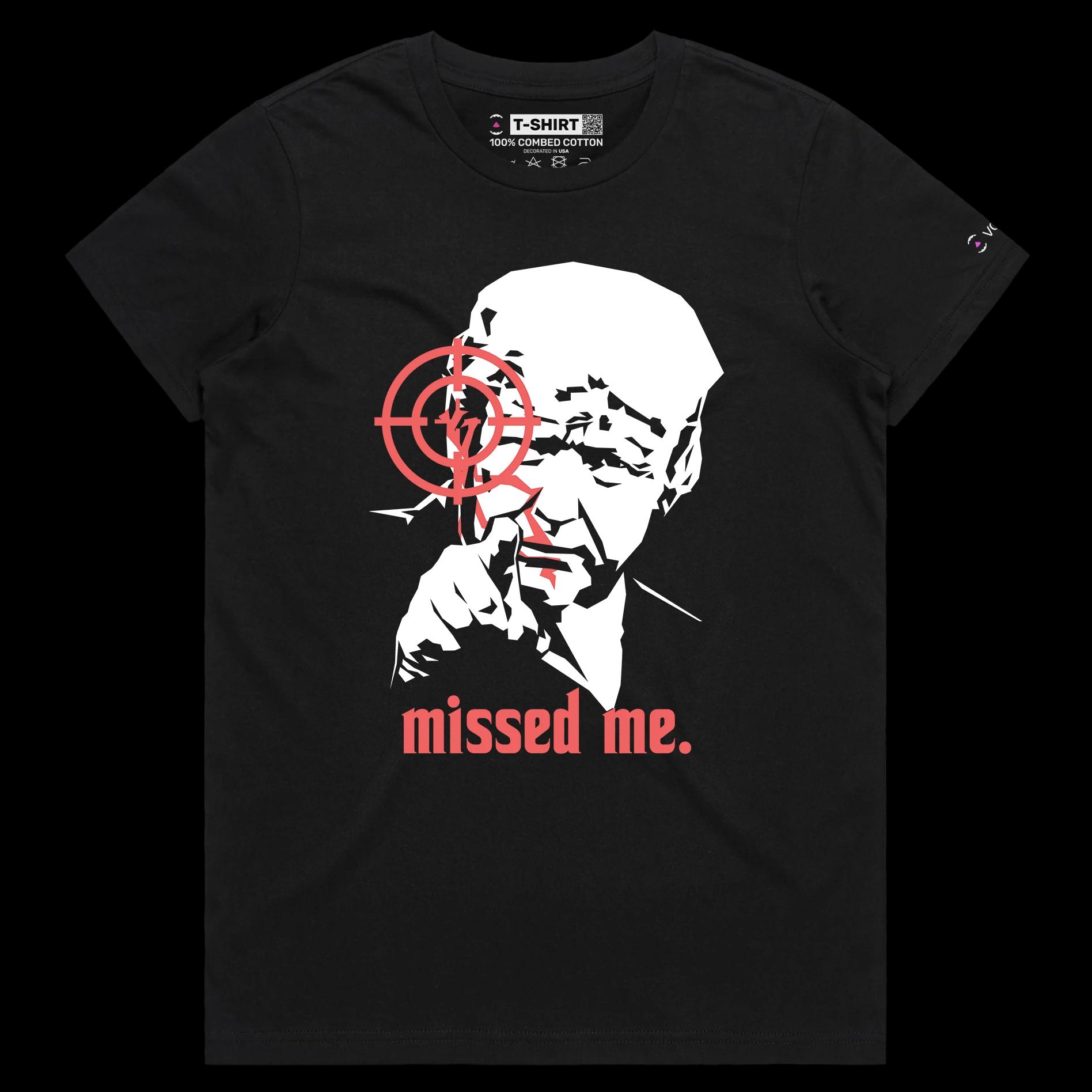 VOICEART Black Female Regular President Trump Missed Me Mugshot Political T-Shirt Premium Graphic Bad Aiming MAGA 2024 Tee