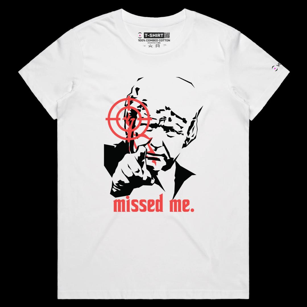 VOICEART White Female Regular President Trump Missed Me Mugshot Political T-Shirt Premium Graphic Bad Aiming MAGA 2024 Tee