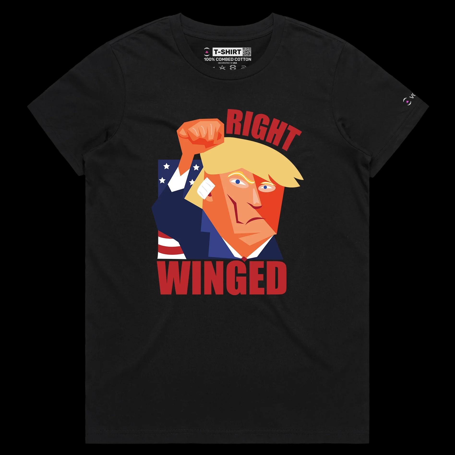VOICEART Black Female Regular President Trump Right Winged at the Rally Funny T-Shirt Premium Graphic MAGA 2024 Political Tee