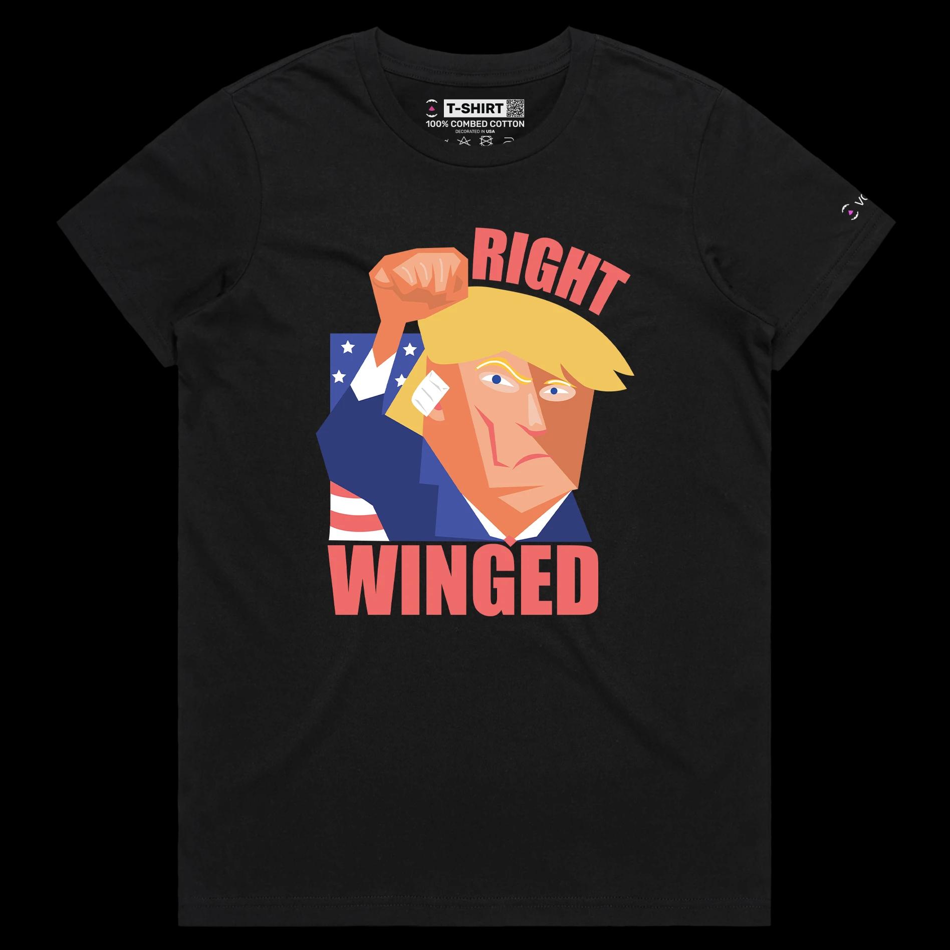 VOICEART Black Female Regular President Trump Right Winged at the Rally Funny T-Shirt Premium Graphic MAGA 2024 Political Tee