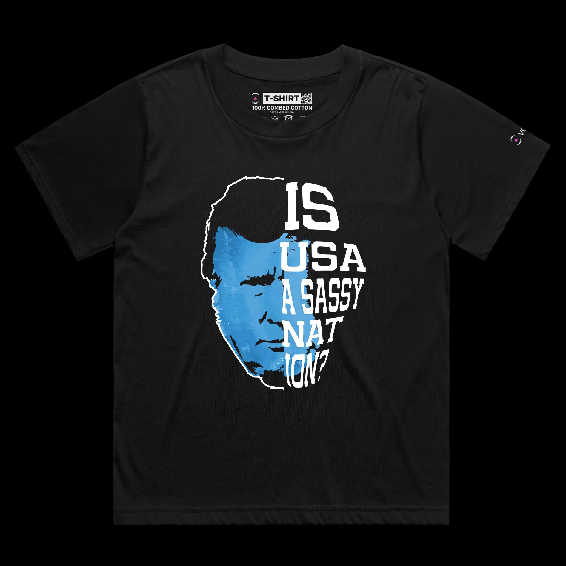 VOICEART Black Female Loose President Trump USA a Sassy Nation Political T-Shirt Premium Patriotic Wordplay Mugshot Tee