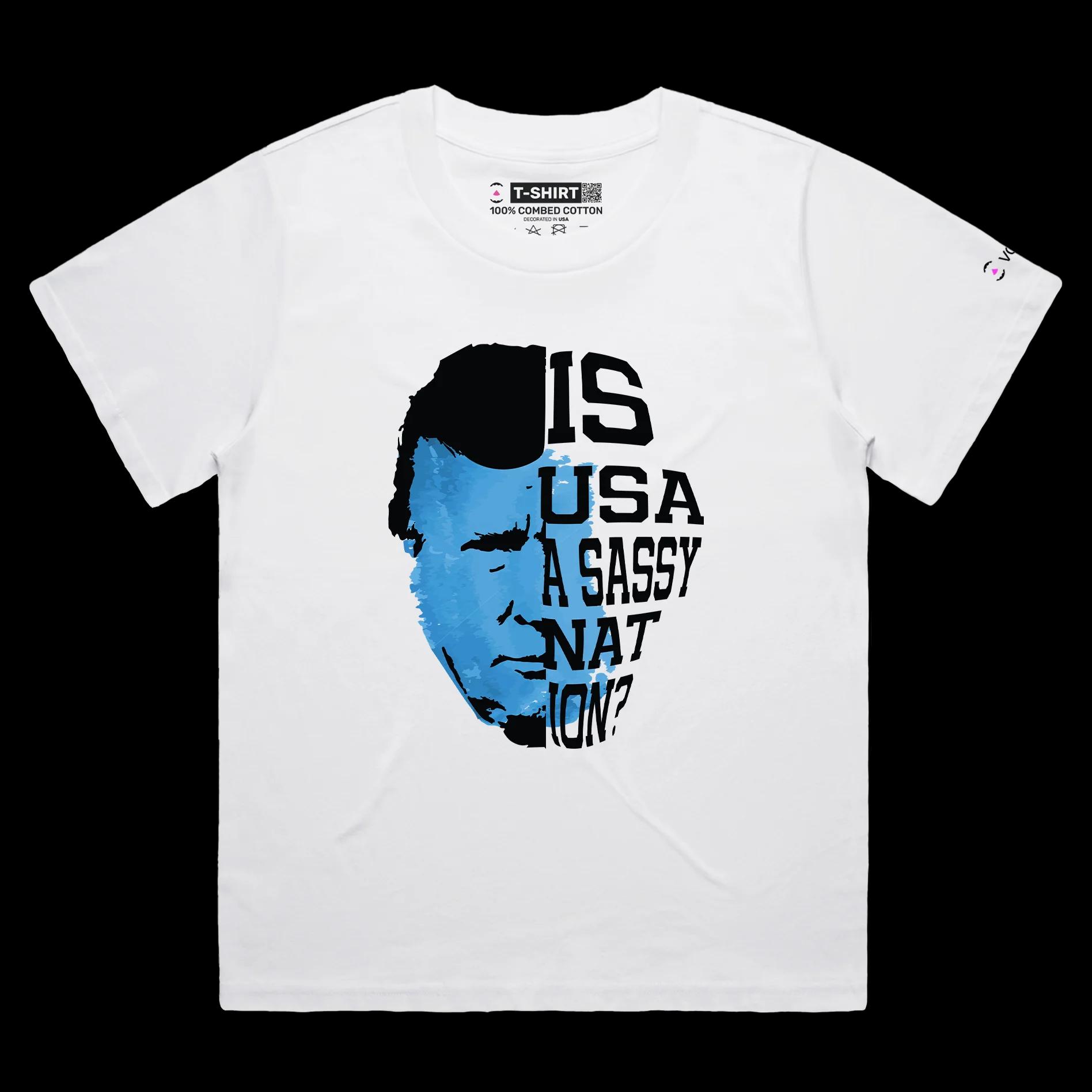 VOICEART White Female Loose President Trump USA a Sassy Nation Political T-Shirt Premium Patriotic Wordplay Mugshot Tee