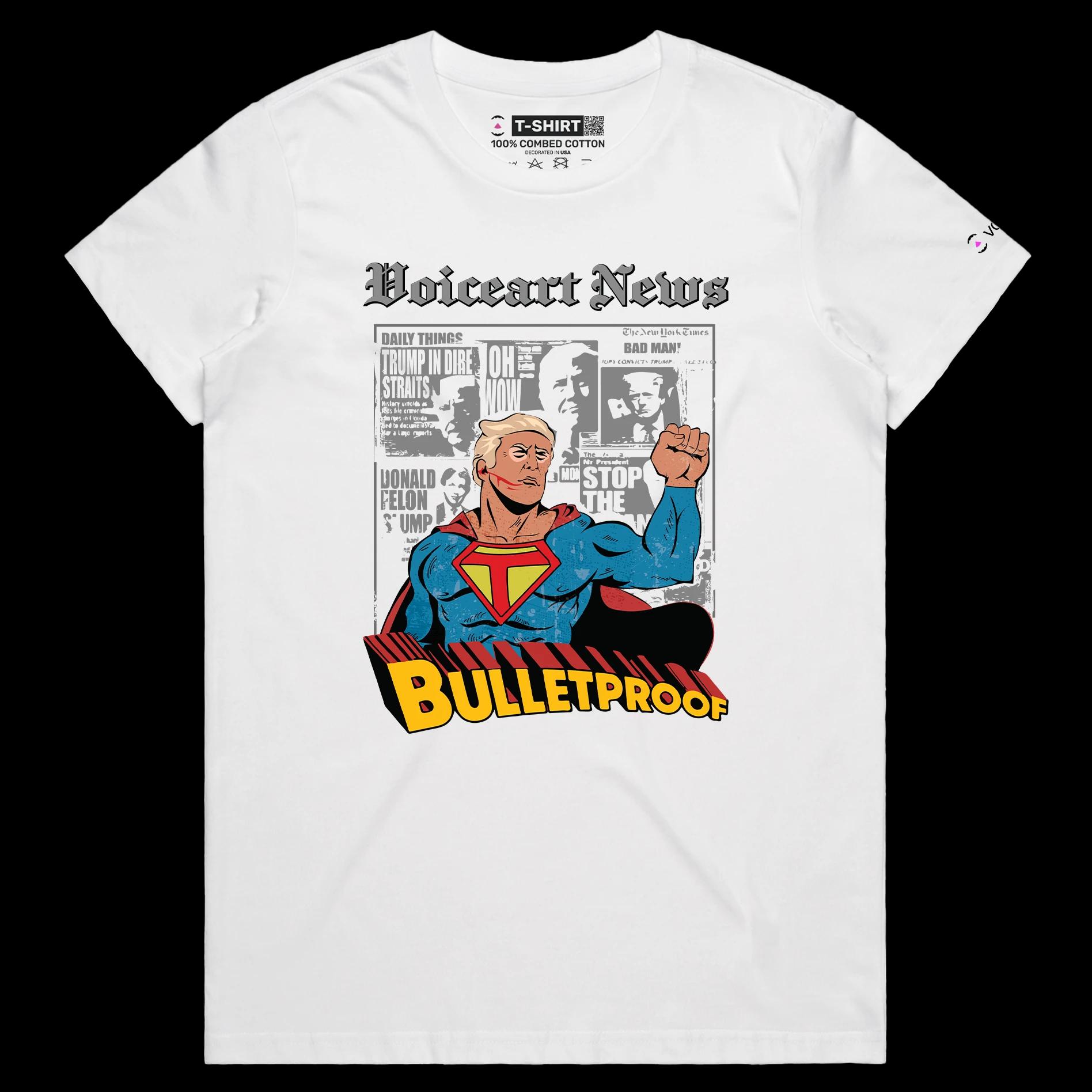 VOICEART White Female Regular President Trump as a Bulletproof Superhero Political Shirt Premium Patriotic Fist Pump MAGA Tee