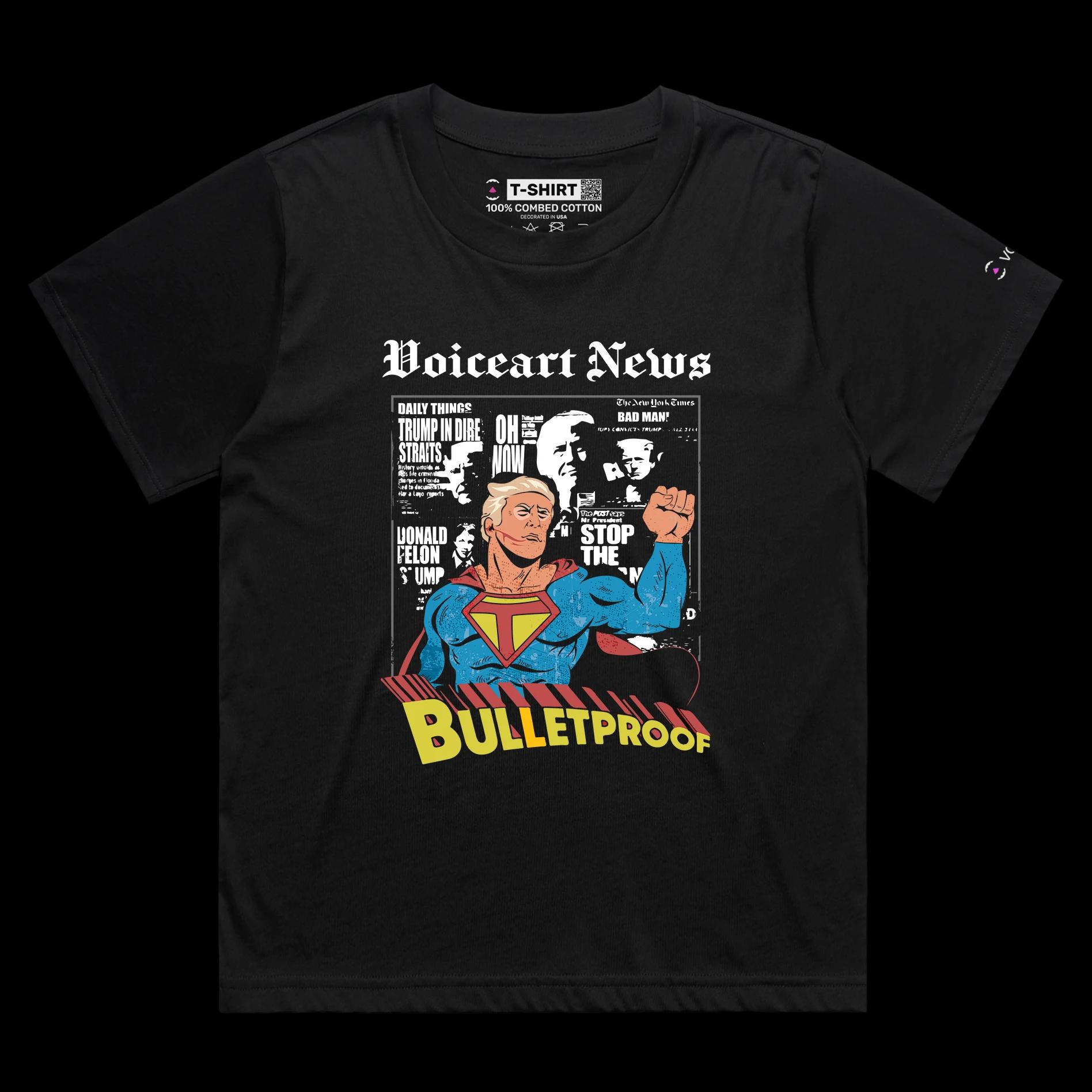 VOICEART Black Female Loose President Trump as a Bulletproof Superhero Political Shirt Premium Patriotic Fist Pump MAGA Tee