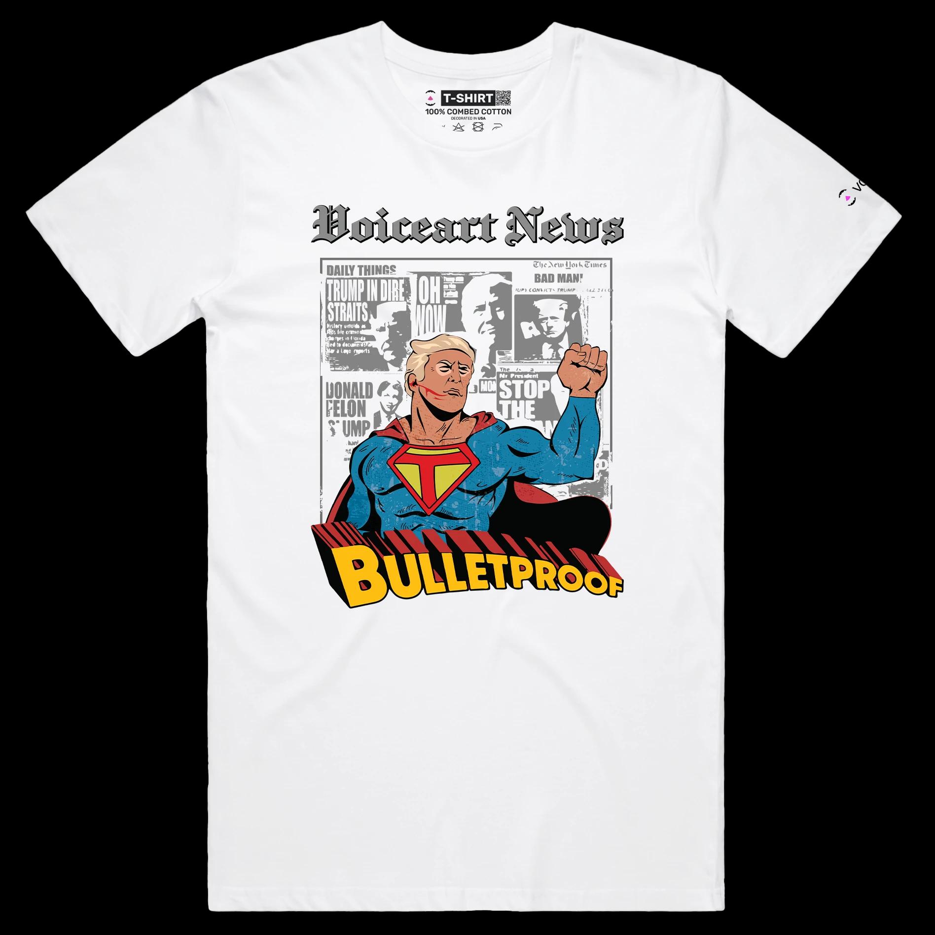 VOICEART White Male Regular President Trump as a Bulletproof Superhero Political Shirt Premium Patriotic Fist Pump MAGA Tee