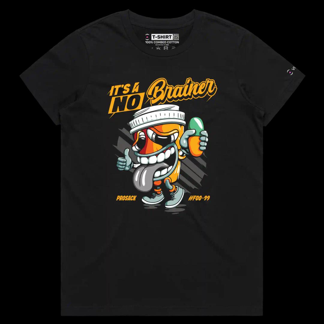 VOICEART Black Female Regular Mental Health Dark Humor T-Shirt with Premium Graphic Design No Brainer Addiction Wordplay Tee