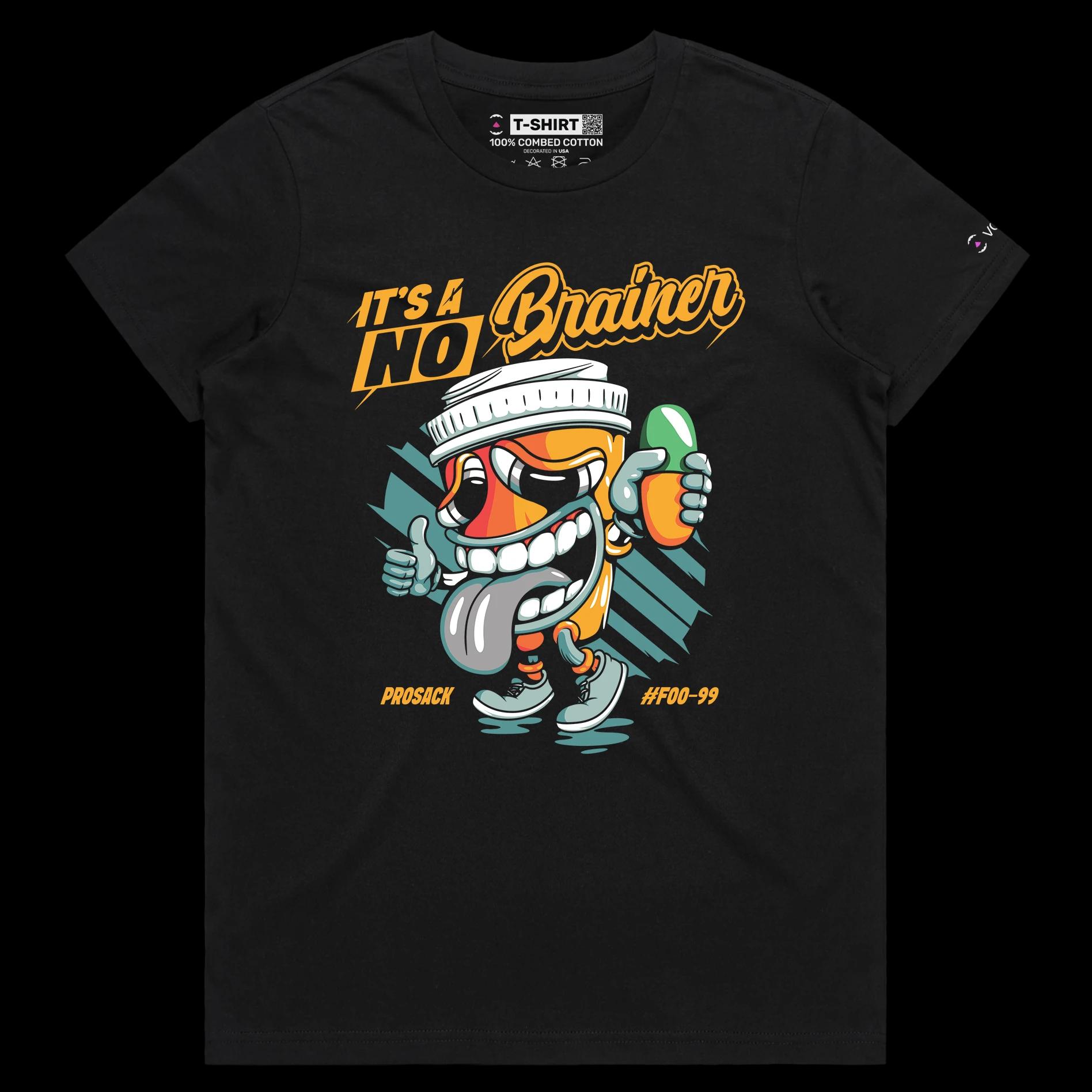 VOICEART Black Female Regular Mental Health Dark Humor T-Shirt with Premium Graphic Design No Brainer Addiction Wordplay Tee