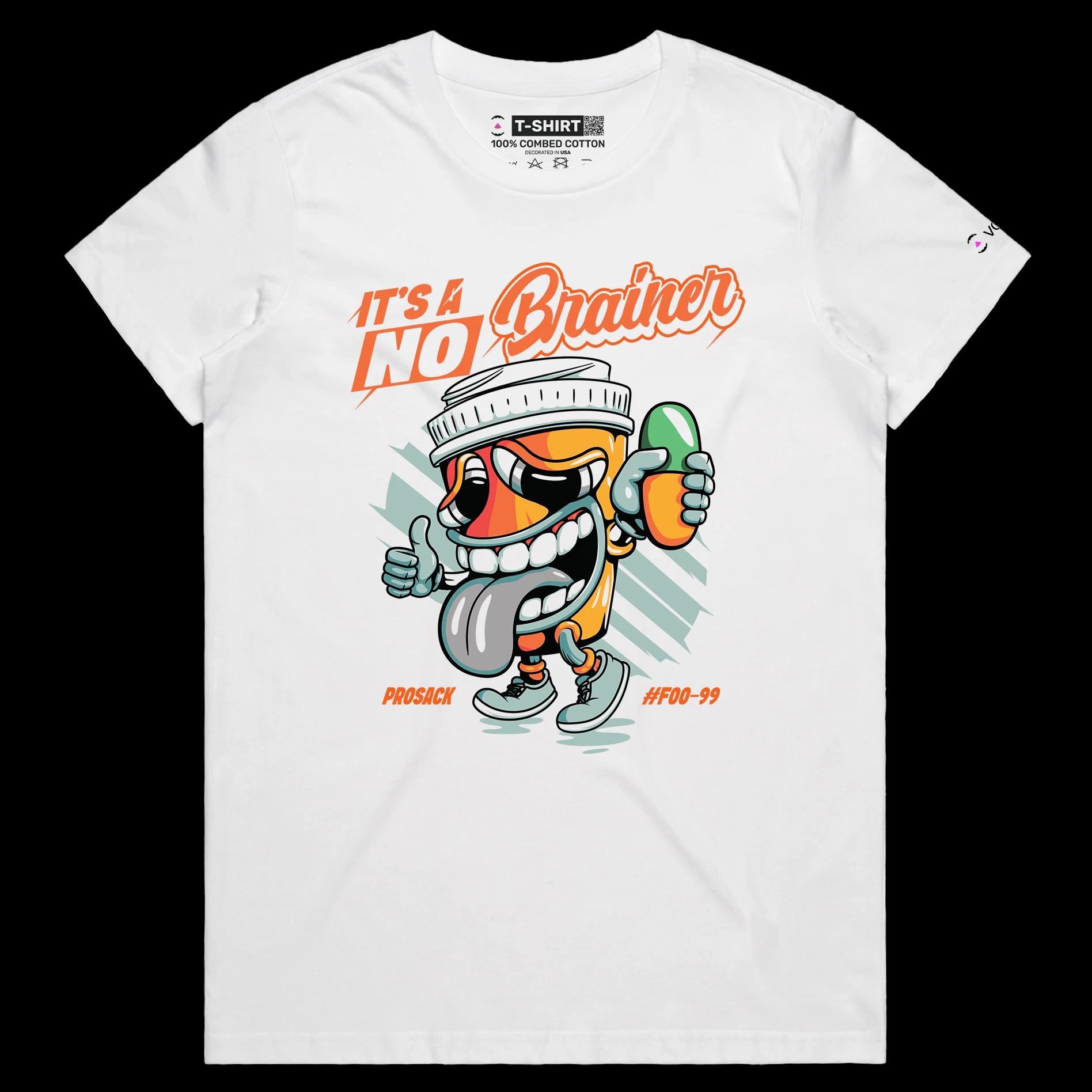 VOICEART White Female Regular Mental Health Dark Humor T-Shirt with Premium Graphic Design No Brainer Addiction Wordplay Tee