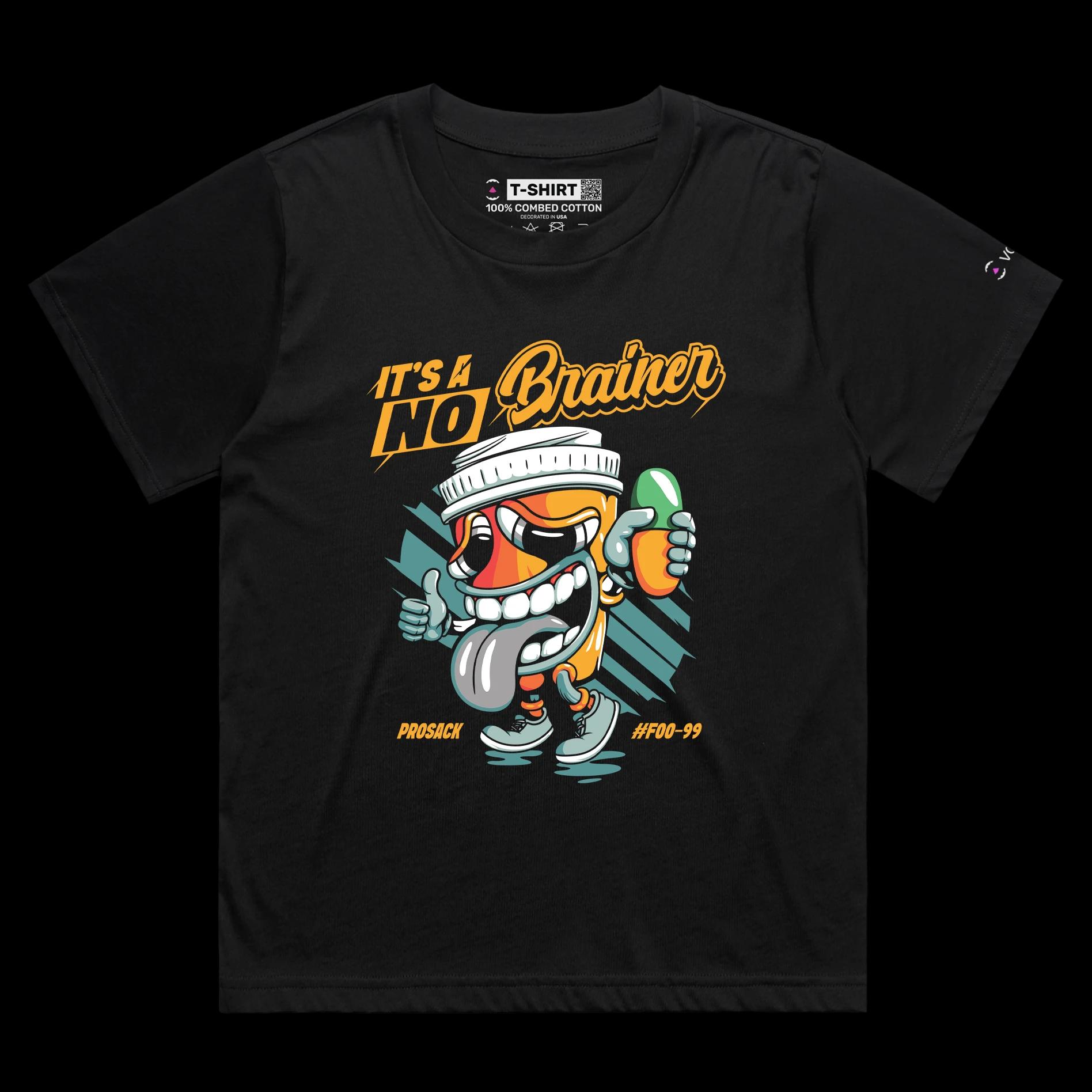 VOICEART Black Female Loose Mental Health Dark Humor T-Shirt with Premium Graphic Design No Brainer Addiction Wordplay Tee