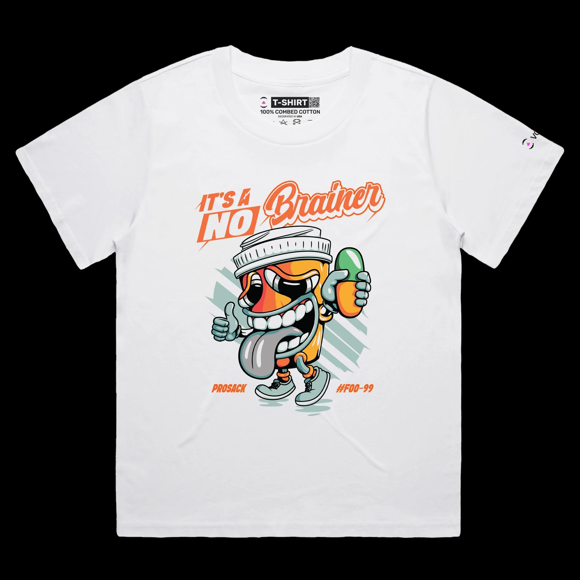 VOICEART White Female Loose Mental Health Dark Humor T-Shirt with Premium Graphic Design No Brainer Addiction Wordplay Tee