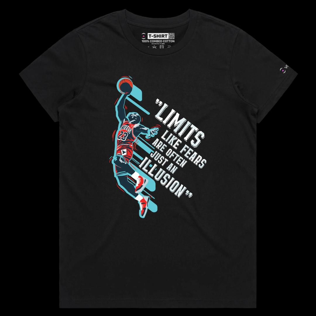 VOICEART Black Female Regular Jordan No Limits Quote T-Shirt Premium Graphic Chicago 23 Hall of Fame Tee for Basketball Fans