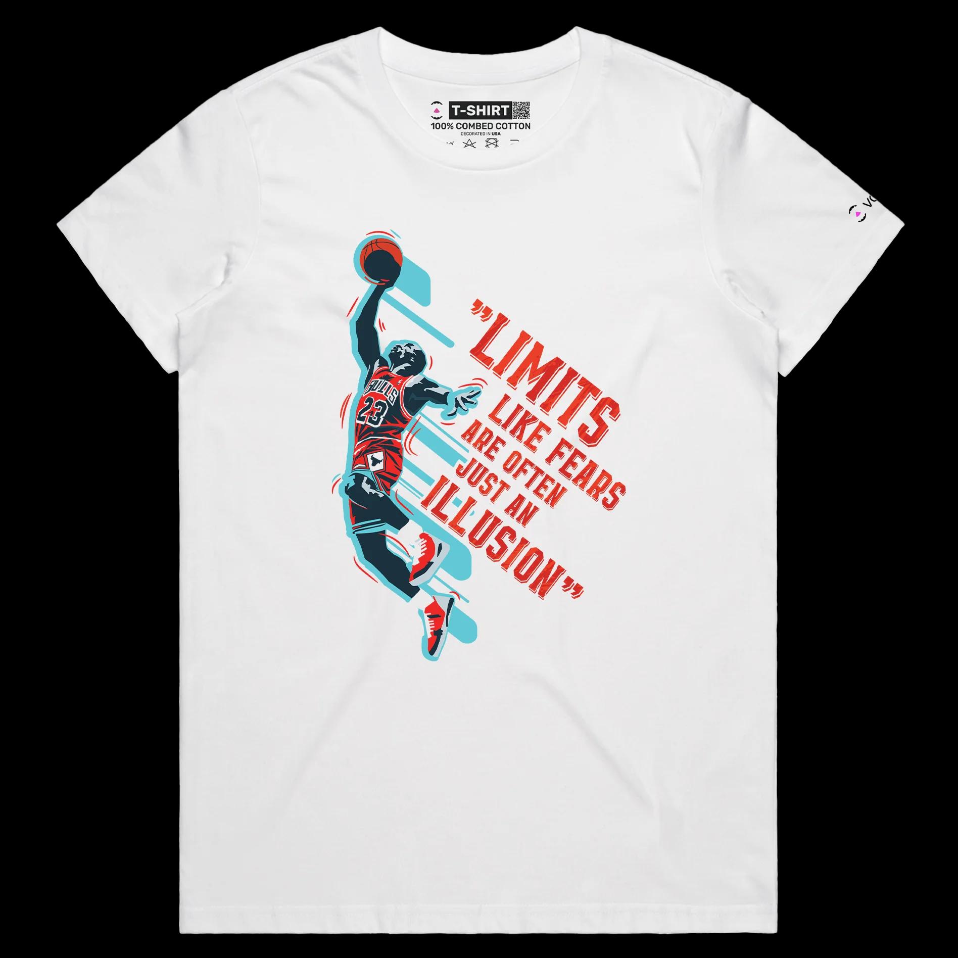 VOICEART White Female Regular Jordan No Limits Quote T-Shirt Premium Graphic Chicago 23 Hall of Fame Tee for Basketball Fans
