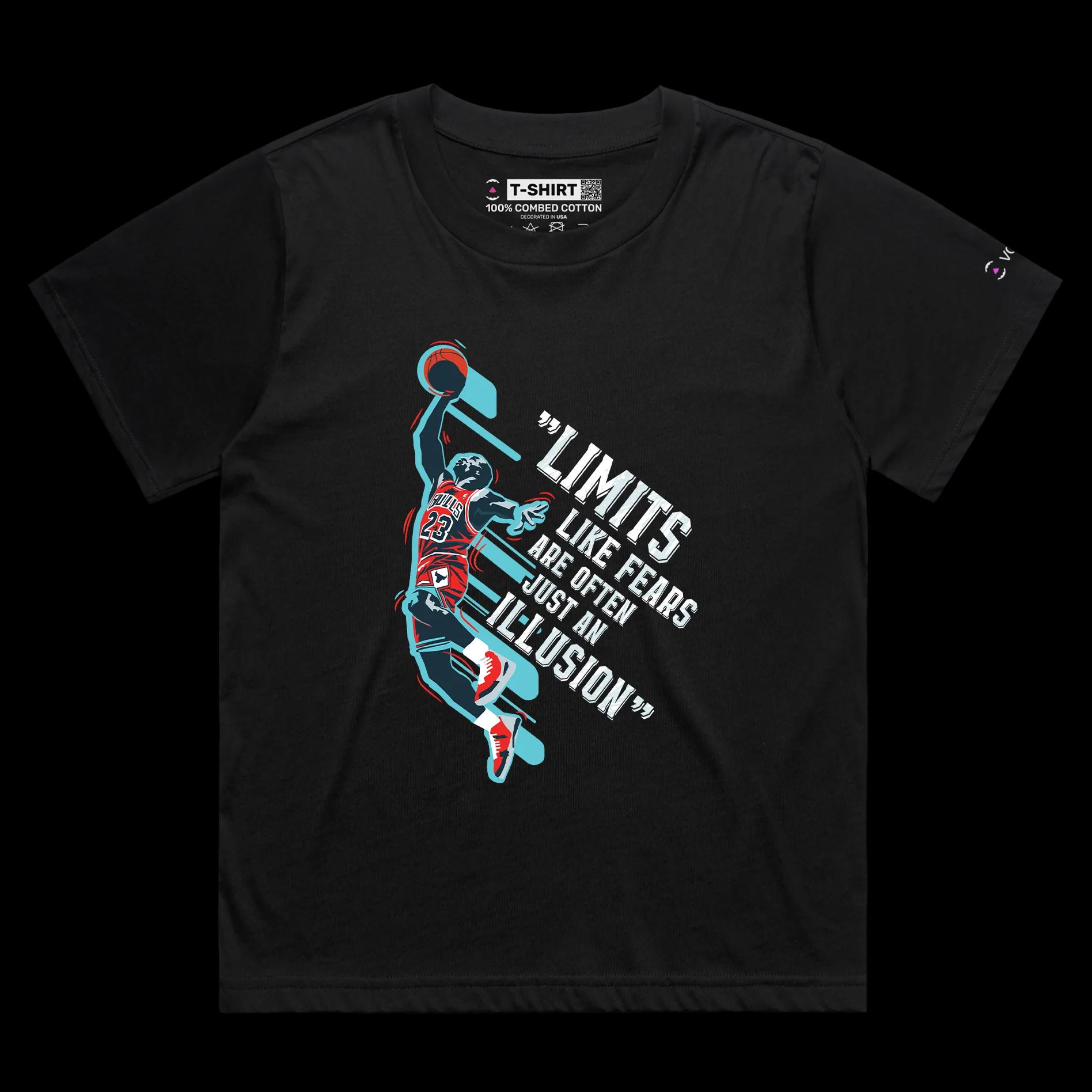 VOICEART Black Female Loose Jordan No Limits Quote T-Shirt Premium Graphic Chicago 23 Hall of Fame Tee for Basketball Fans