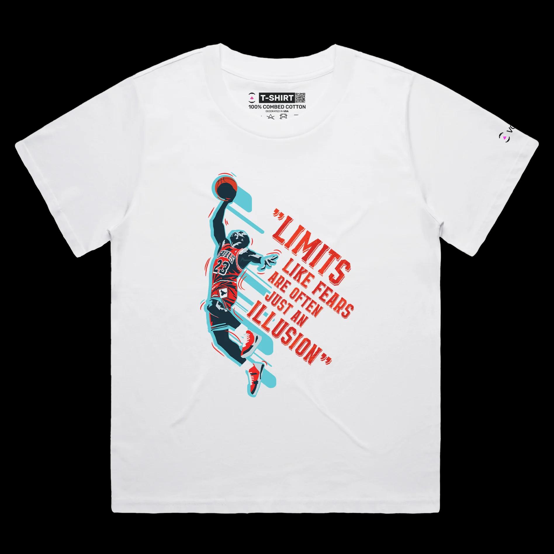VOICEART White Female Loose Jordan No Limits Quote T-Shirt Premium Graphic Chicago 23 Hall of Fame Tee for Basketball Fans