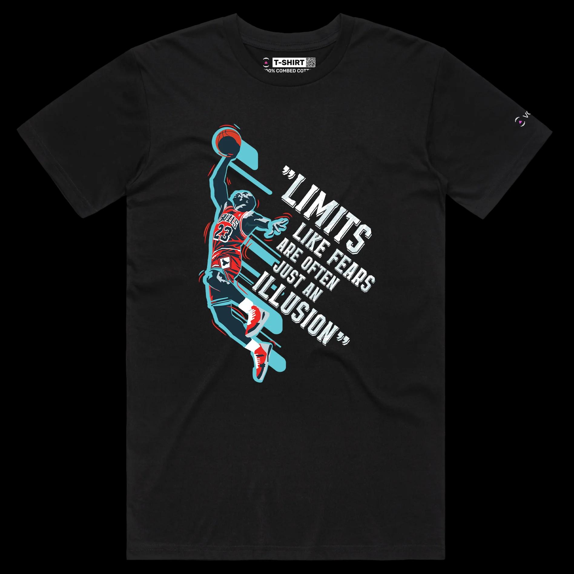 VOICEART Black Male Regular Jordan No Limits Quote T-Shirt Premium Graphic Chicago 23 Hall of Fame Tee for Basketball Fans