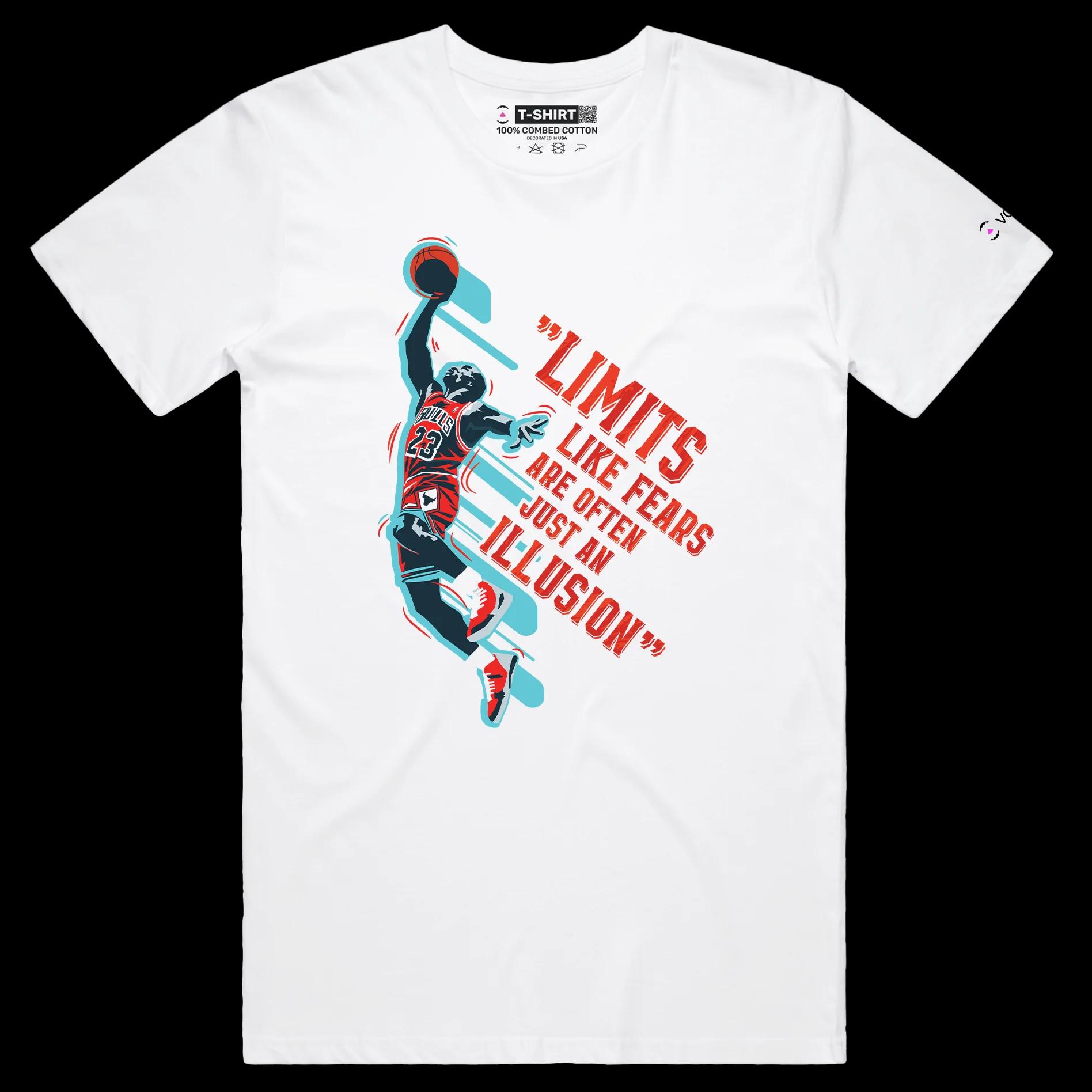 VOICEART White Male Regular Jordan No Limits Quote T-Shirt Premium Graphic Chicago 23 Hall of Fame Tee for Basketball Fans