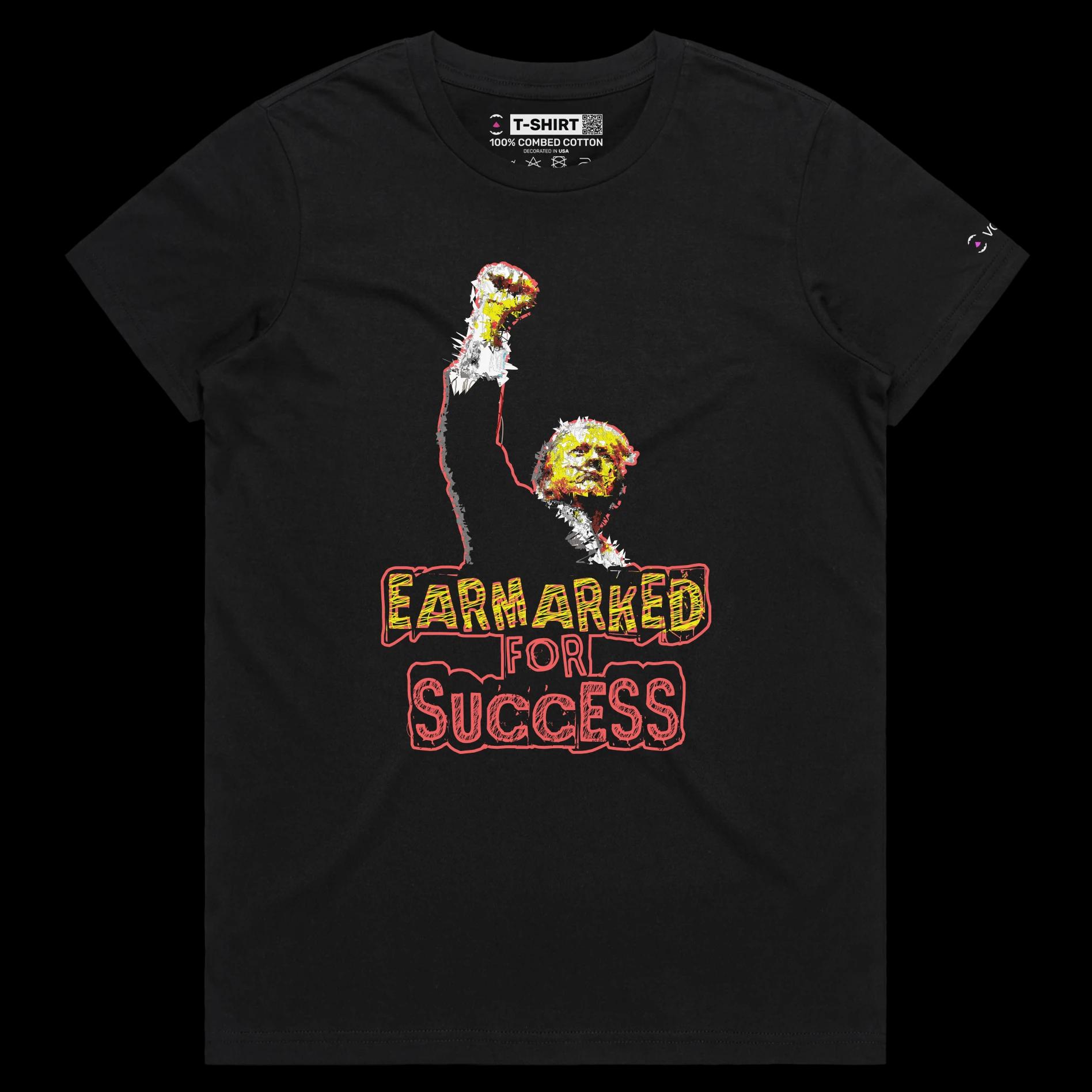 VOICEART Black Female Regular President Trump Earmarked for Success Political Shirt Premium Wordplay Fist Pump MAGA Tee