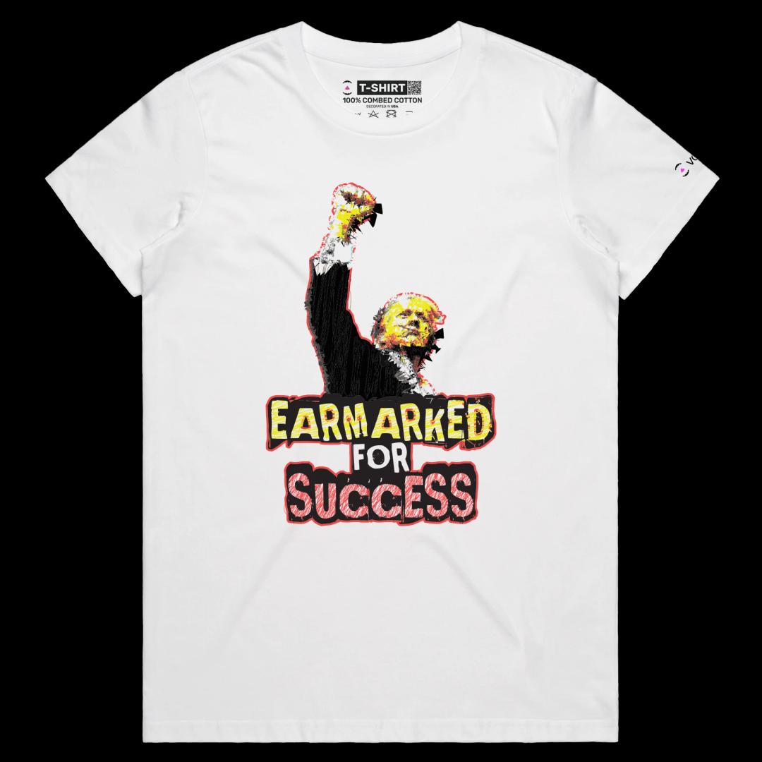 VOICEART White Female Regular President Trump Earmarked for Success Political Shirt Premium Wordplay Fist Pump MAGA Tee