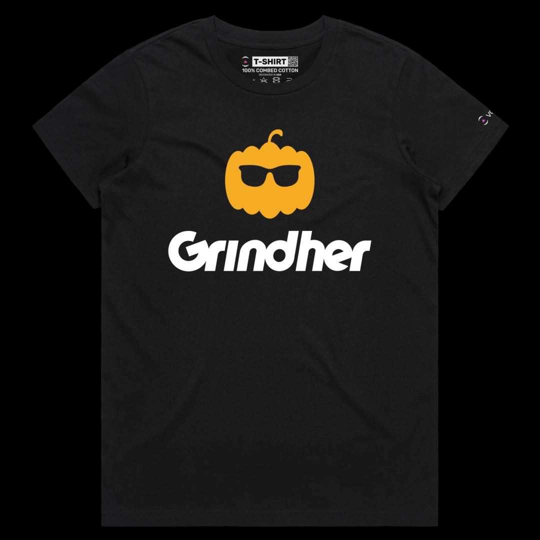 VOICEART Black Female Regular Grind the Pumpkin Funny T-Shirt Premium Graphic Halloween Tee Dating App Play Words for Adults