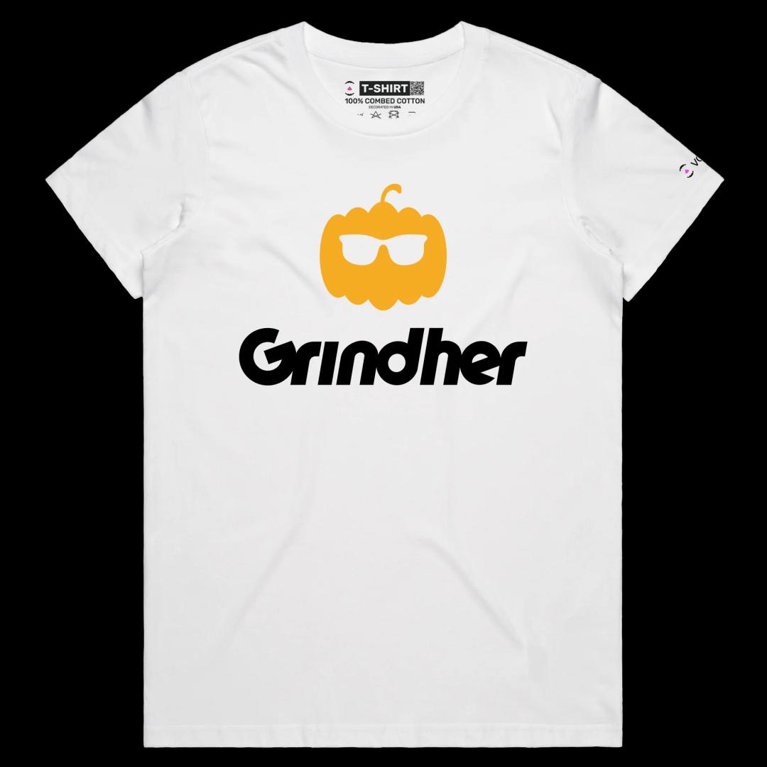 VOICEART White Female Regular Grind the Pumpkin Funny T-Shirt Premium Graphic Halloween Tee Dating App Play Words for Adults