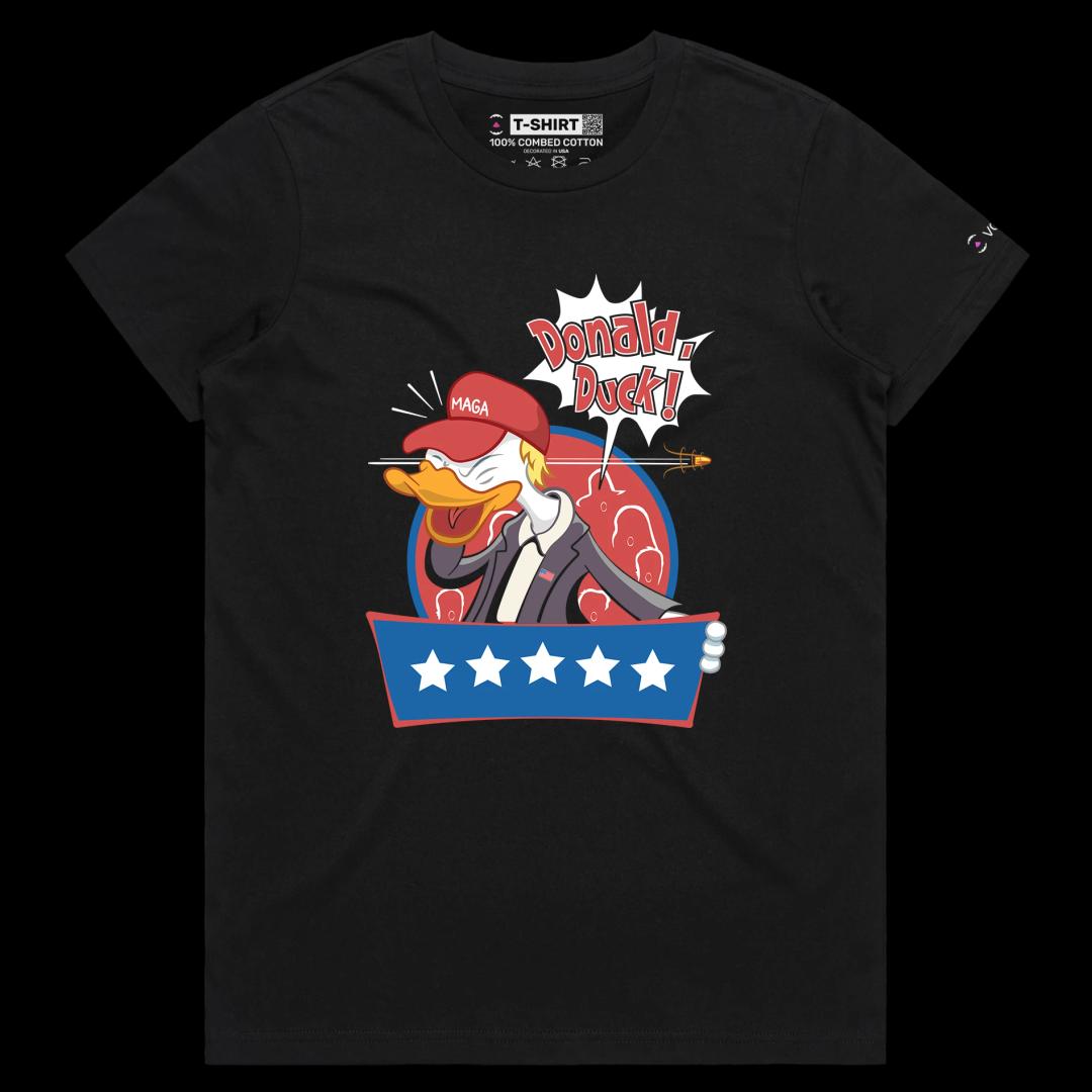 VOICEART Black Female Regular President Trump as a Duck Funny Political Shirt Premium Graphic Donald Duck Wordplay MAGA Tee