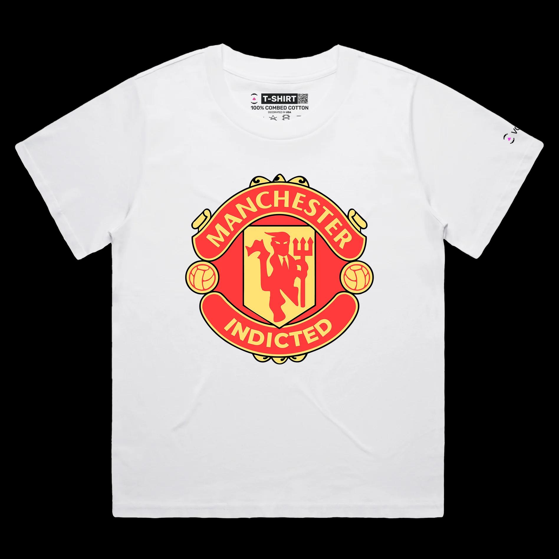 VOICEART White Female Loose Donald Trump Indicted Sports and Politics Shirt Premium Graphic Manchester Red Devils Funny Tee